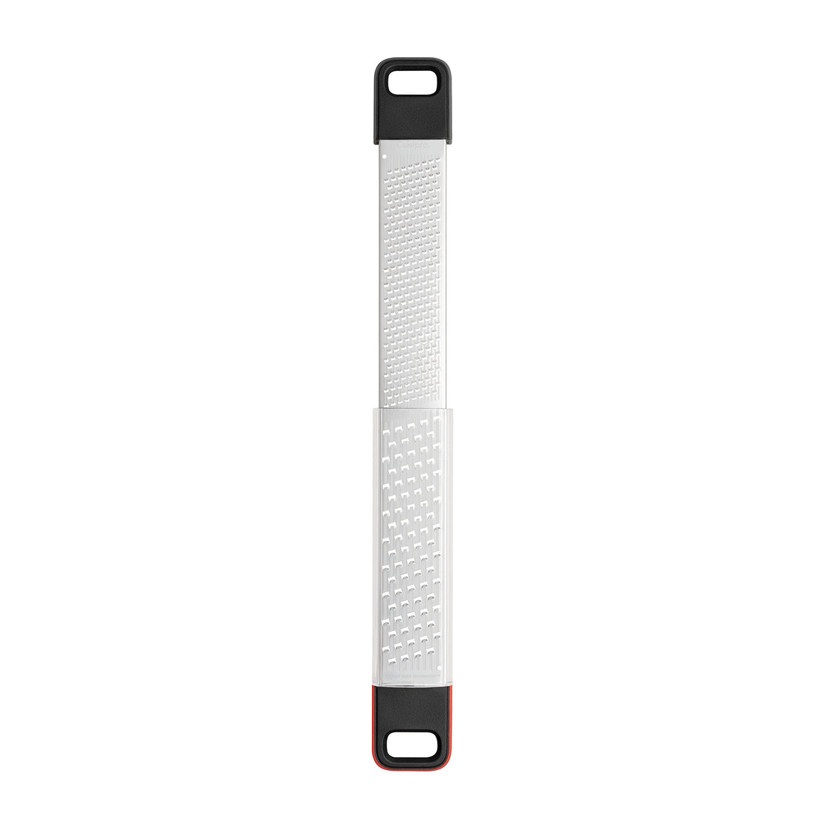 CUISIPRO dual stainless steel kitchen grater with coarse and fine sides for versatile food preparation.