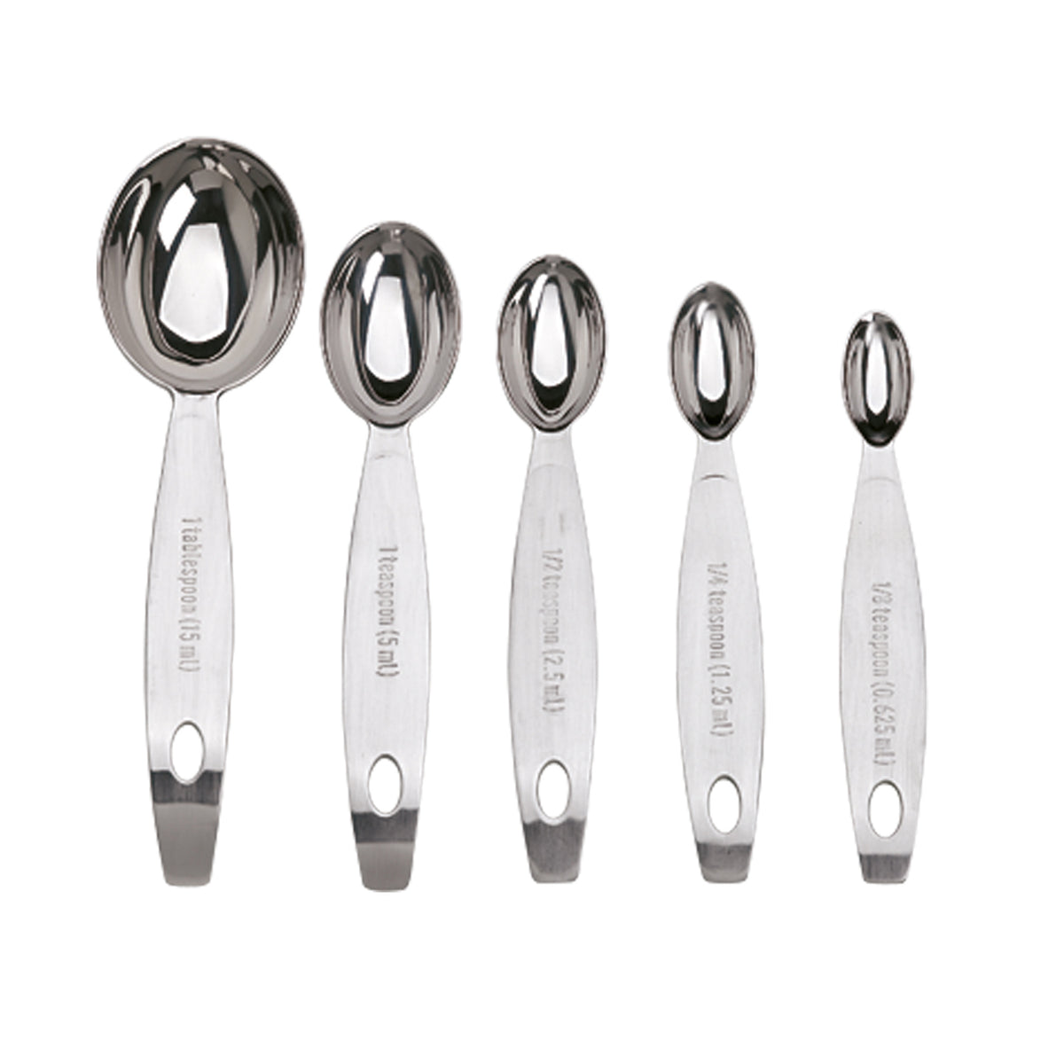 CUISIPRO 5-piece set of silver measuring spoons with 0.625 and 1.25 ml capacities, designed for precise cooking and baking.