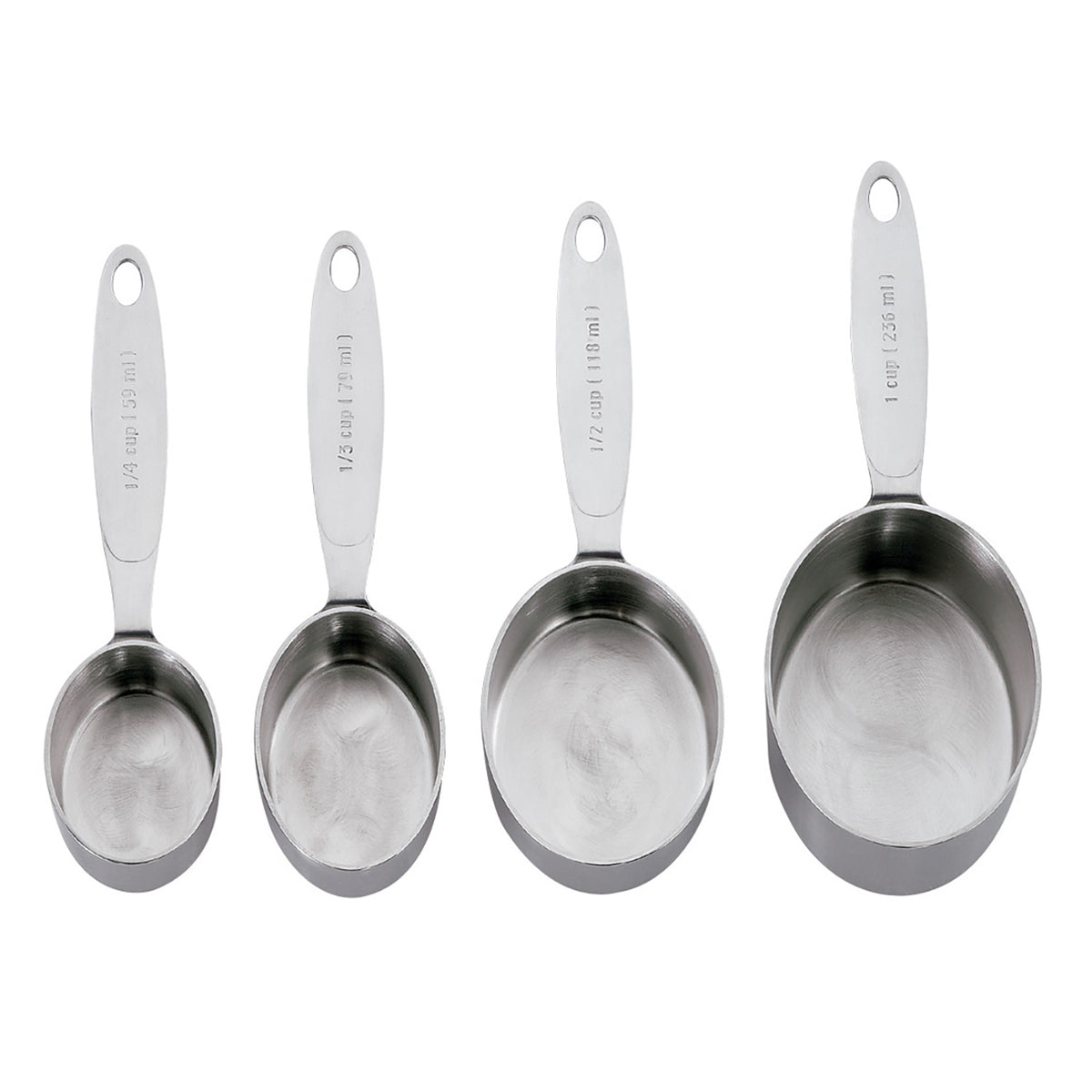 CUISIPRO 4-piece set of silver measuring cups with clear markings for accurate liquid and dry ingredient measurement.