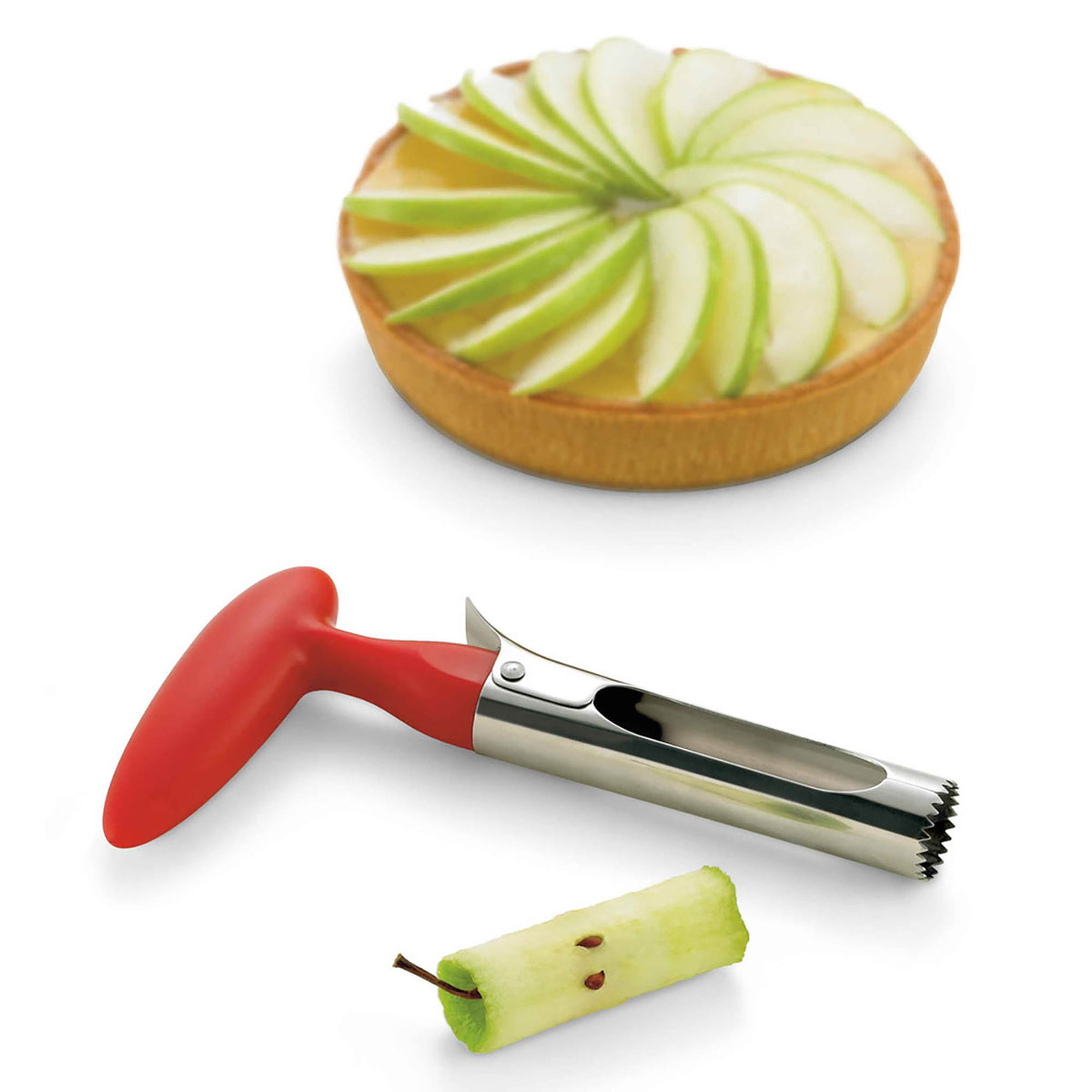 Red CUISIPRO apple core remover with a handle for easy apple core removal and slicing.