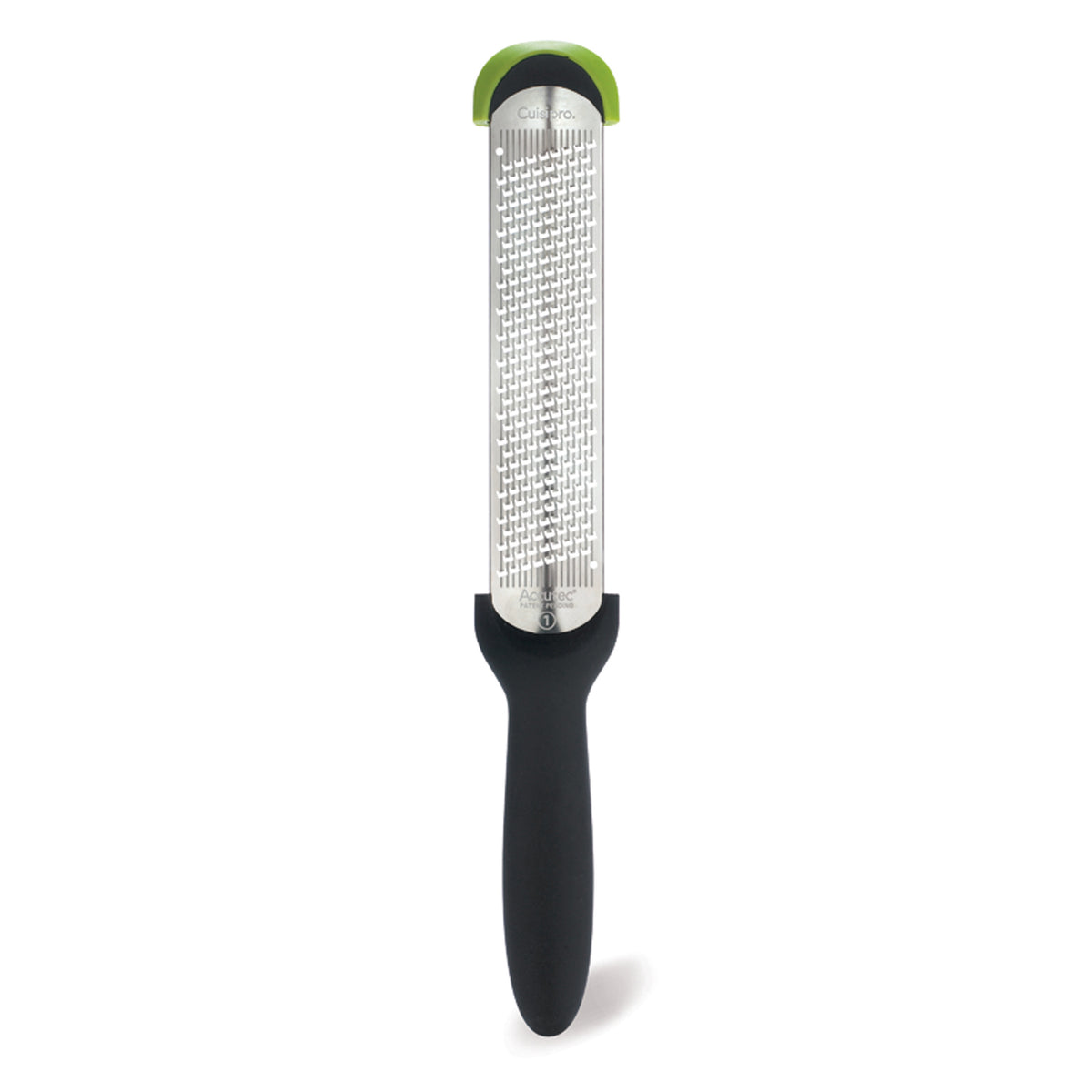 CUISIPRO fine black grater with 29 cm length, stainless steel surface for zesting or grating in the kitchen.
