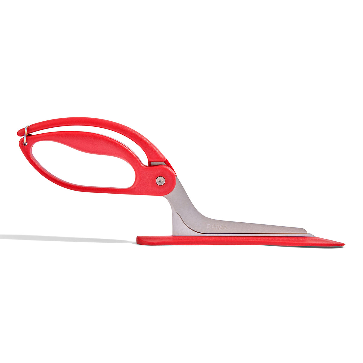 CUISIPRO pizza cutter in red with a stainless steel blade, designed for slicing pizzas easily and cleanly.