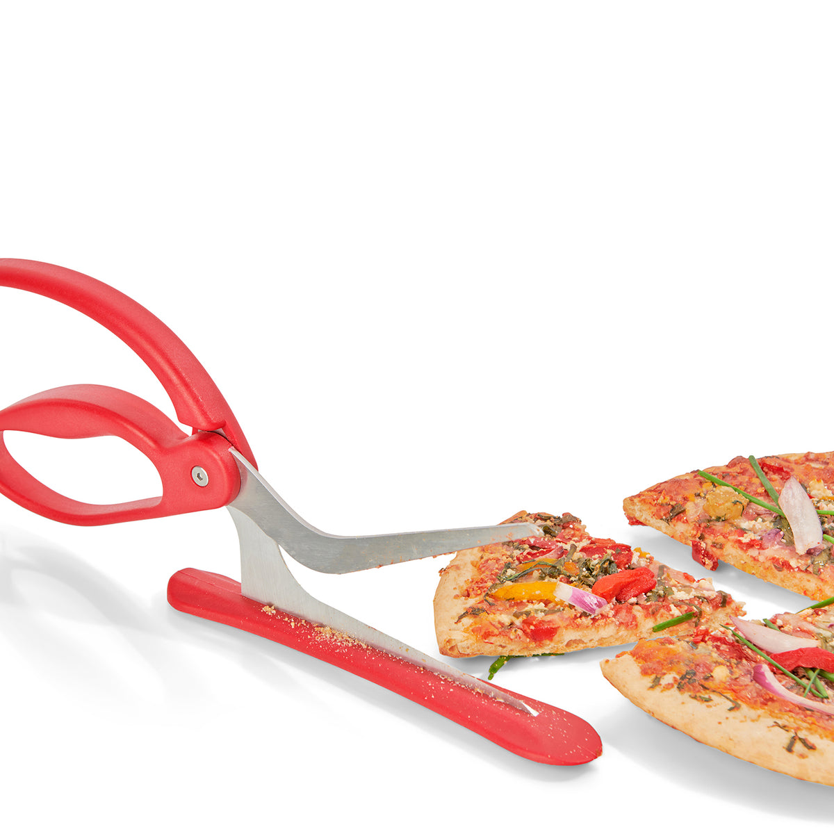 CUISIPRO red pizza cutter with a sharp, circular blade for easy slicing of pizzas, shown on a clean surface.