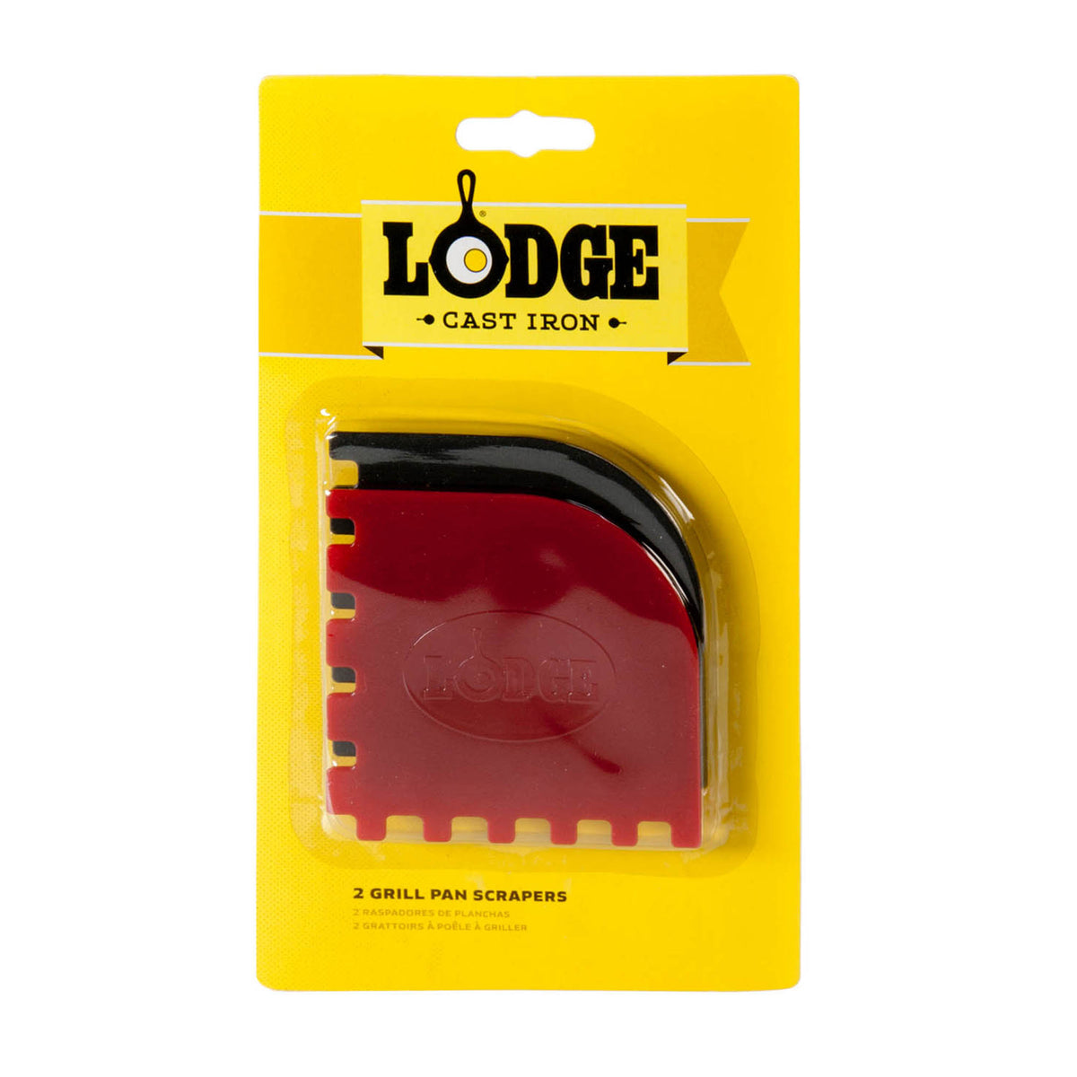 Lodge black and red grill pan scrapers, 2-piece set, stainless steel handles and flexible spatula edges for non-stick cookware.