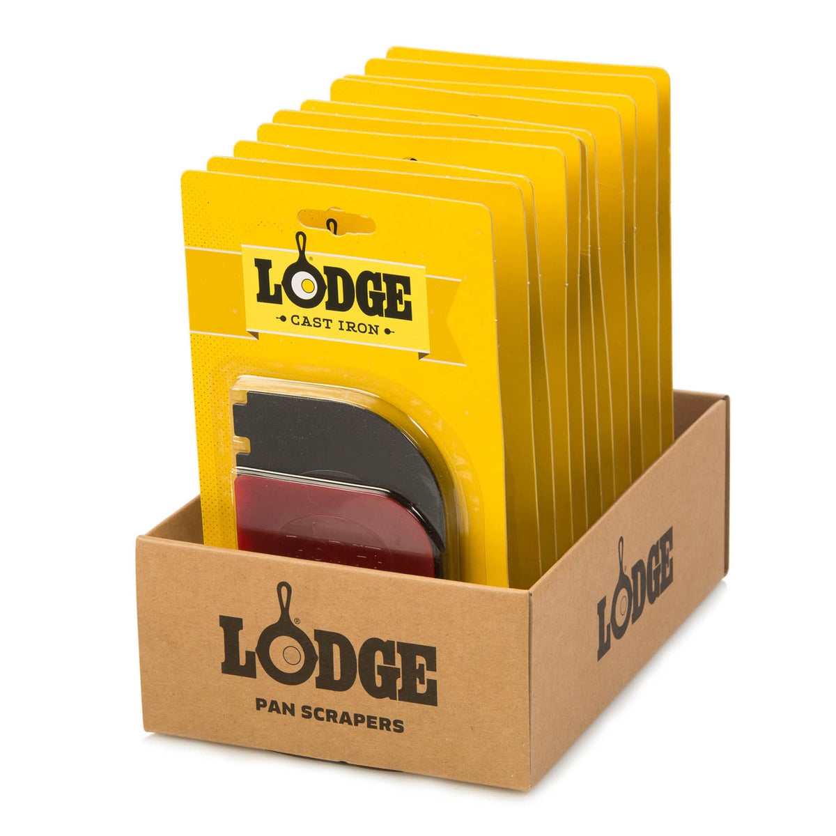 Lodge black and red grill scraper with handle, designed for cleaning barbecue grills and grates.