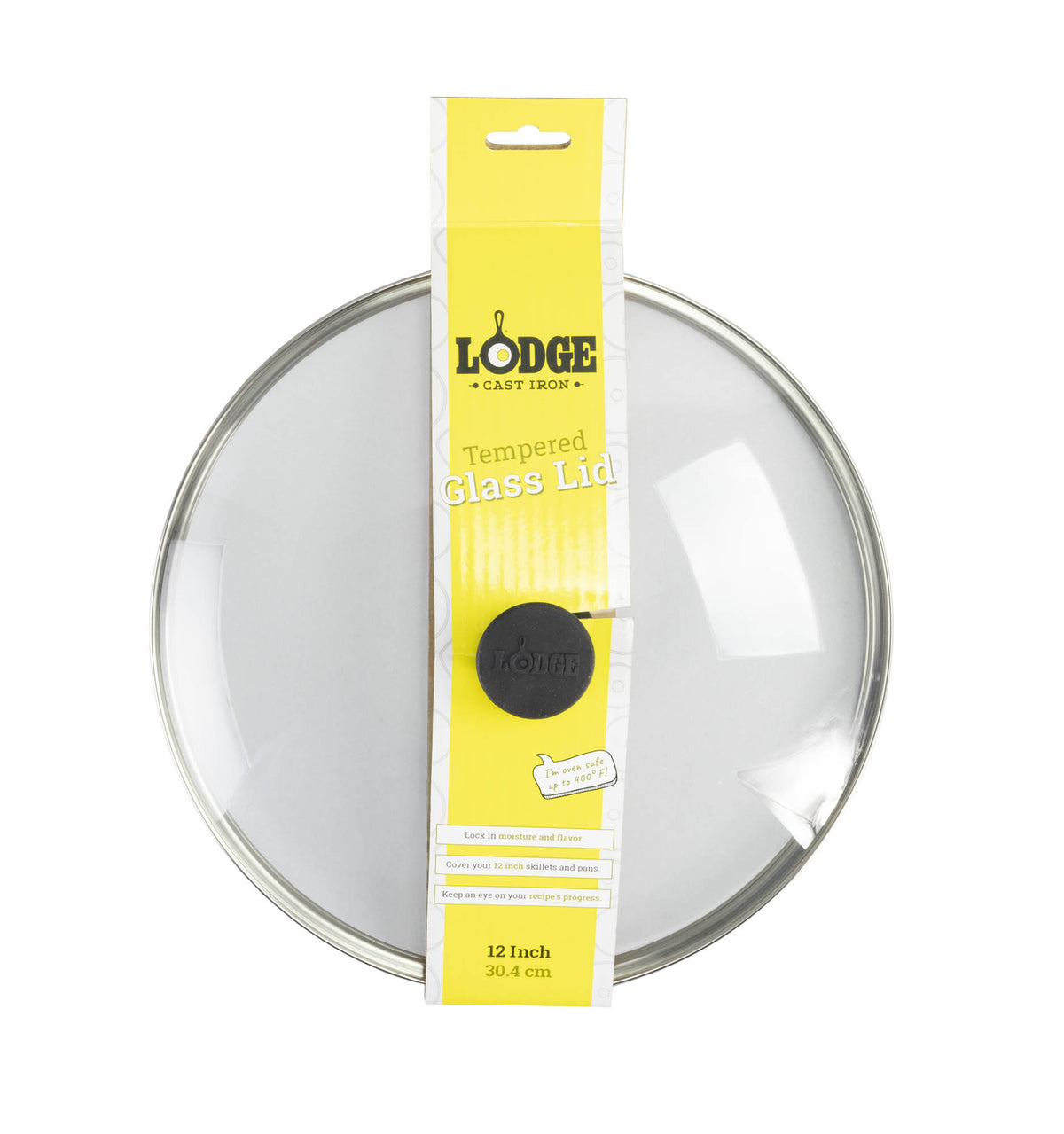 Black Lodge skillet lid showing a round, black metal cover with handle, designed for use with Lodge cookware.