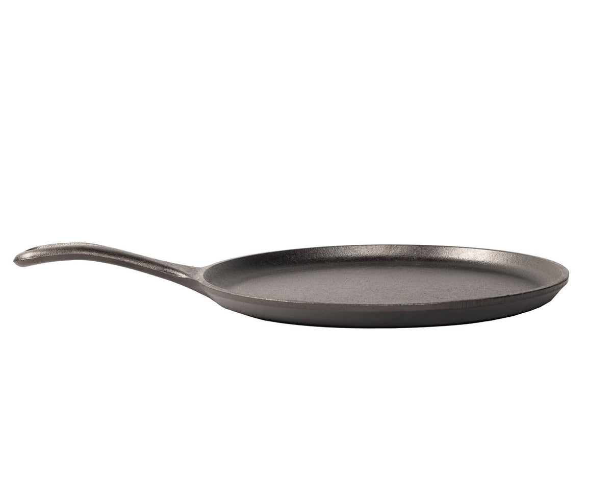 Lodge Classic flat black grill pan with a 26.7 cm diameter, showcasing a sturdy cast iron construction and textured cooking surface.