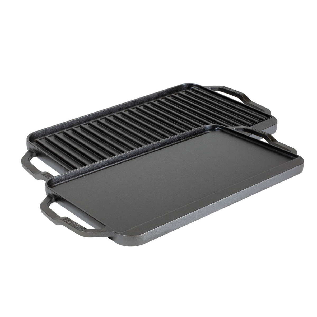 Lodge 2-sided cast iron grill plate with smooth and ridged surfaces, 50.8 cm x 25.4 cm, ideal for grilling and searing.