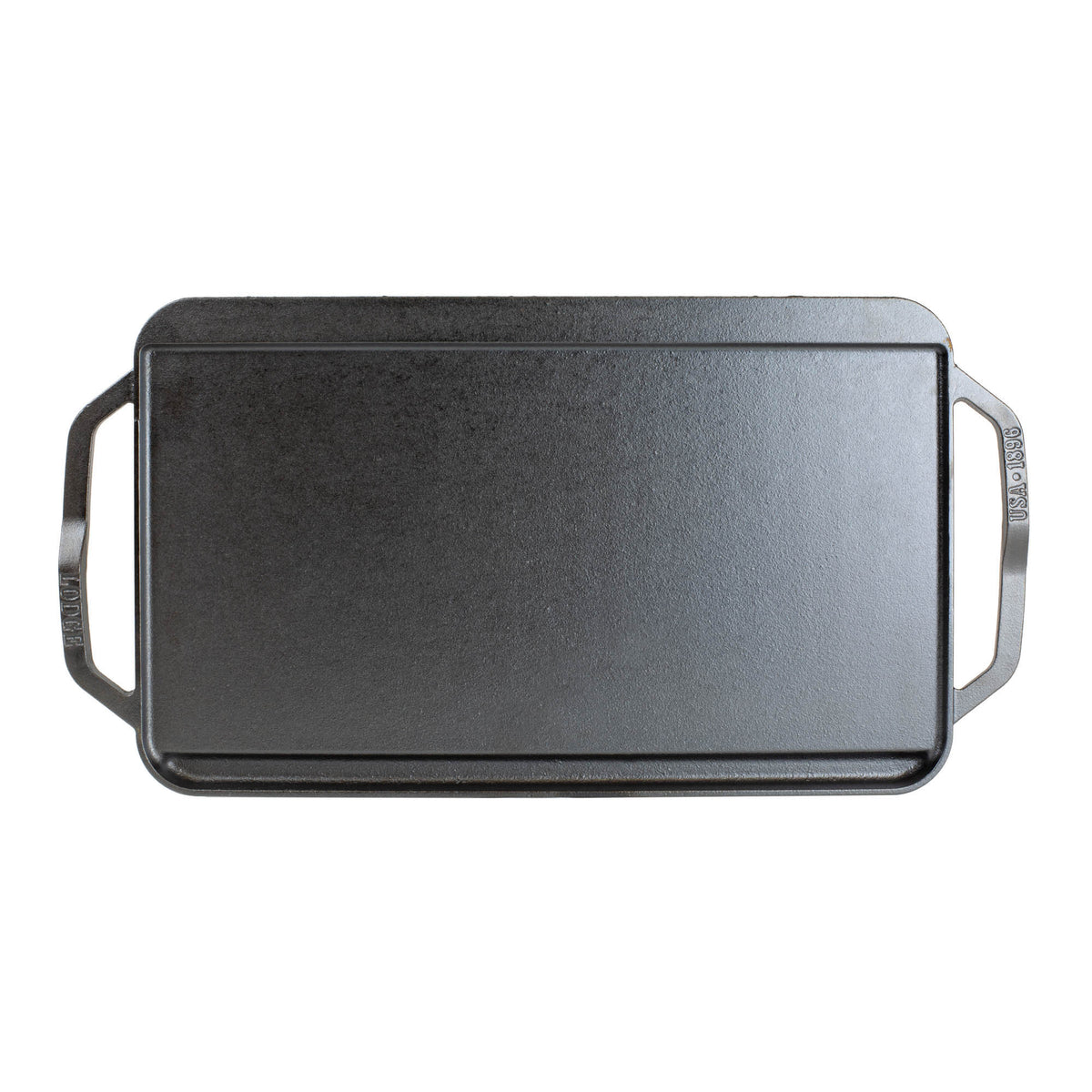Lodge chef 2-sided grill plate with smooth and ridged surfaces, 50.8 cm x 25.4 cm, suitable for versatile grilling.