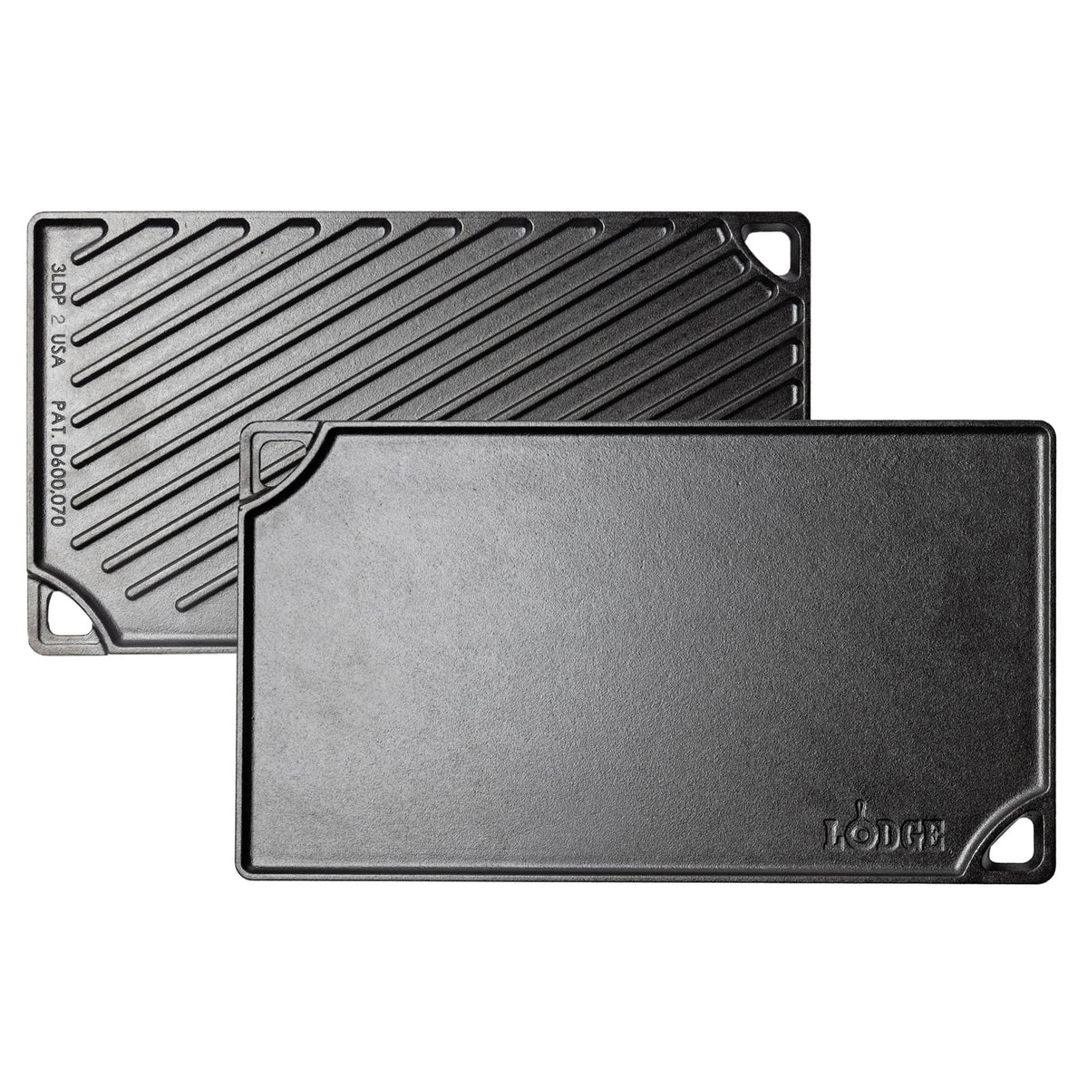 Lodge 42.5 cm black 2-sided Classic grill plate with smooth and ridged surfaces for versatile outdoor cooking.