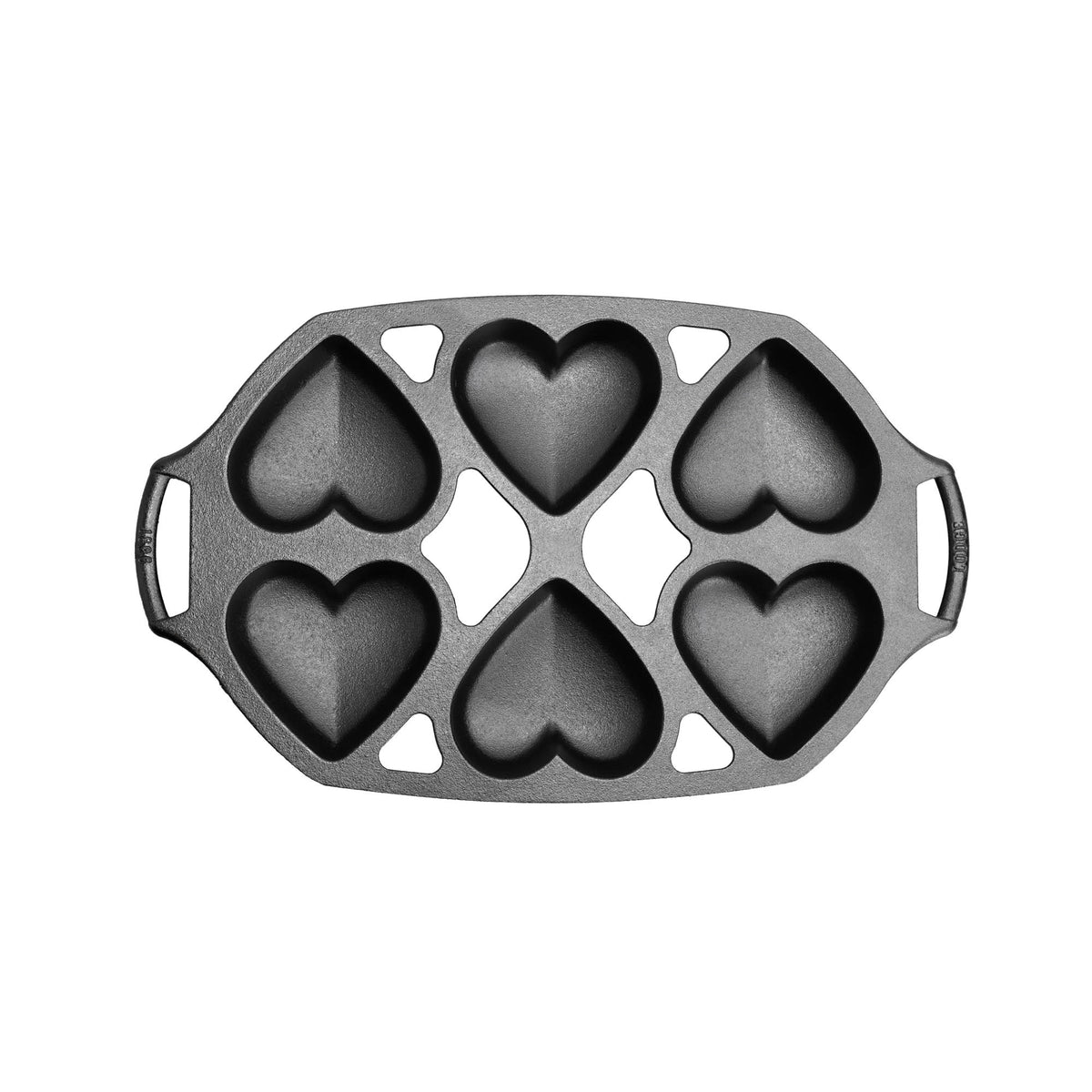 Lodge classic black 6-heart cake pan with non-stick coating, ideal for baking shaped desserts and special occasions.