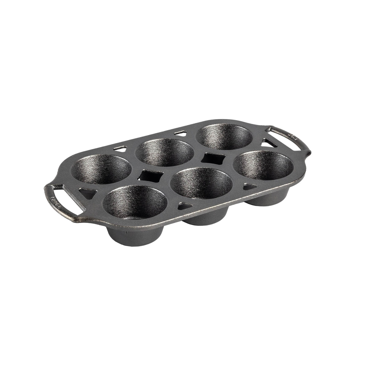 Lodge classic black muffin pan with multiple muffin cups, durable non-stick bakeware for baking muffins and cupcakes.