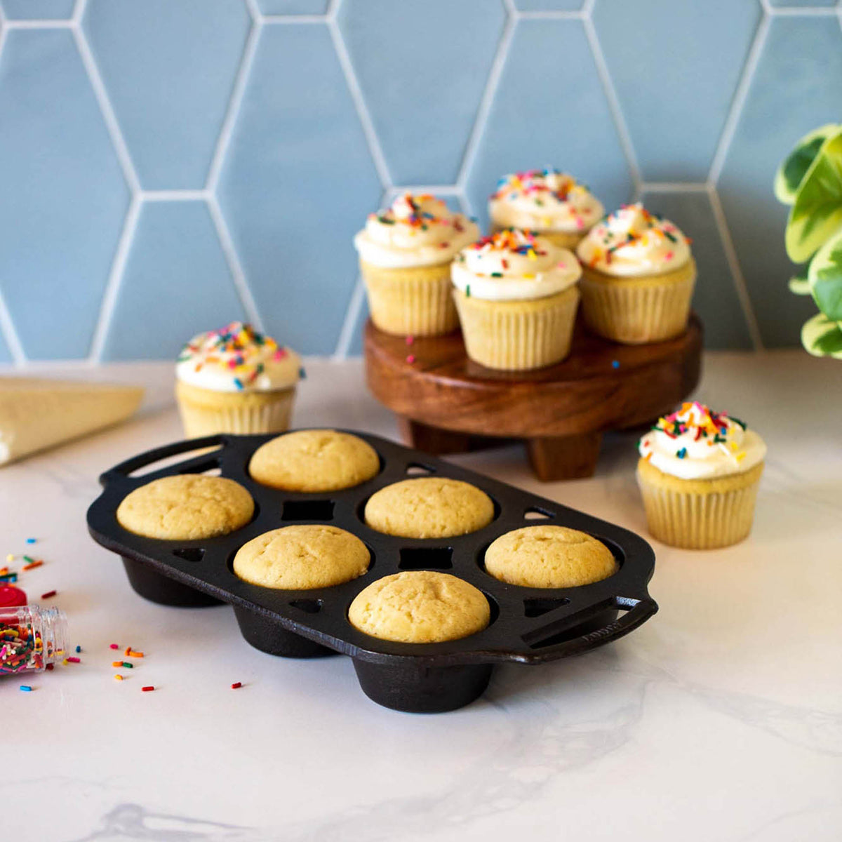 Lodge classic black muffin pan with multiple muffin cups for baking delicious muffins and cupcakes.