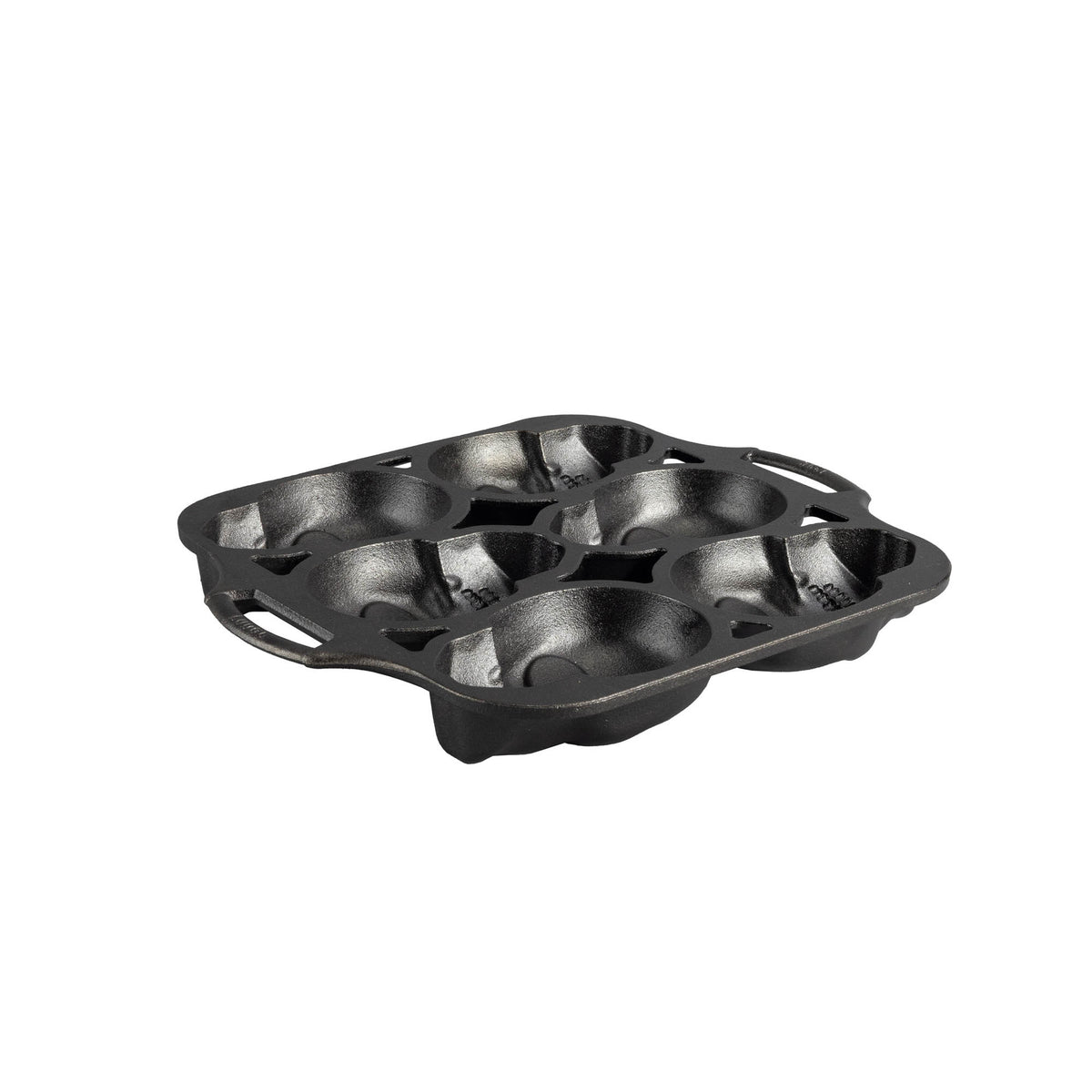 Lodge classic black cake mold with six skull-shaped cavities for creative baking and decorative desserts.