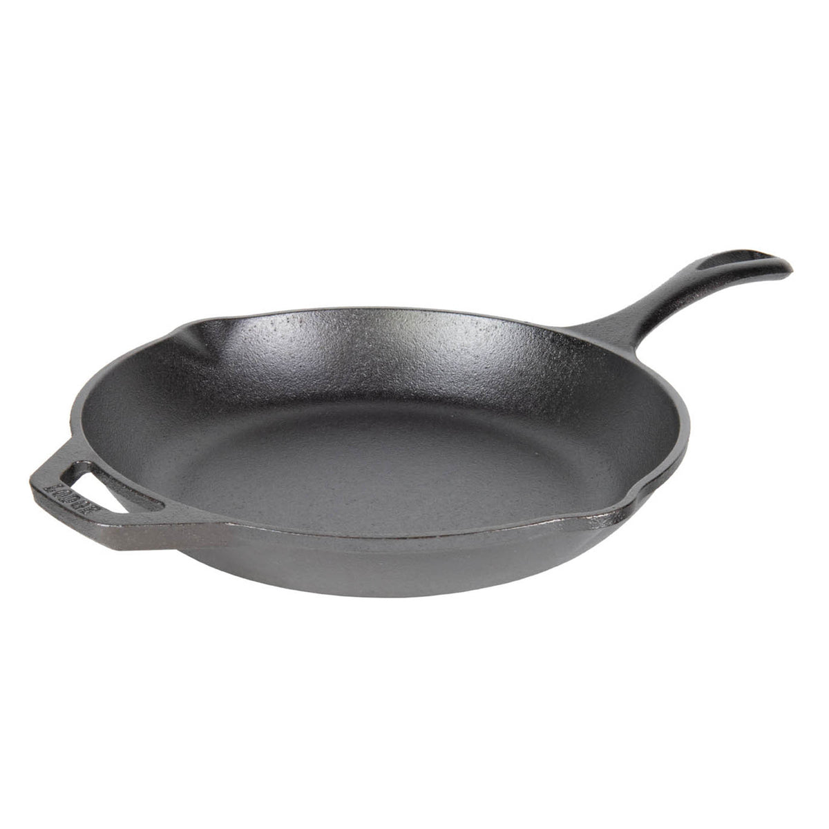 Lodge black cast iron skillet chef pan with handle on a white background, showing the durable cooking surface and sturdy construction.