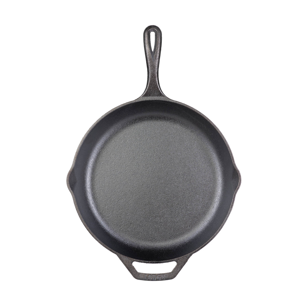 Lodge cast iron chef skillet in black, showing a close-up of the seasoned cooking surface and sturdy handle.