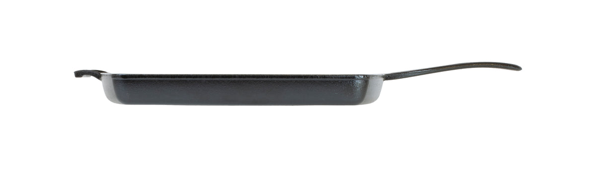 Lodge black square cast iron grill pan with 30.5 x 30.5 cm cooking surface, perfect for grilling and searing.