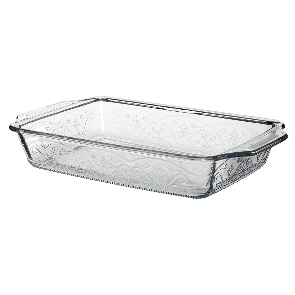 Anchor Hocking Laurel embossed 2.8L casserole dish, glass baking dish with decorative embossed pattern for versatile oven use.