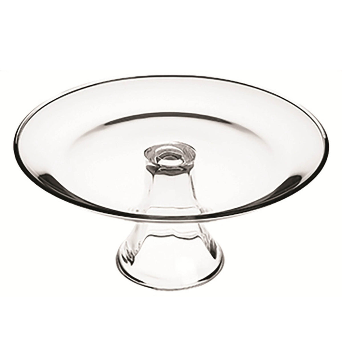 Anchor Hocking Kuchenplatte, clear glass cake stand with a wide flat surface and decorative edge for serving desserts.