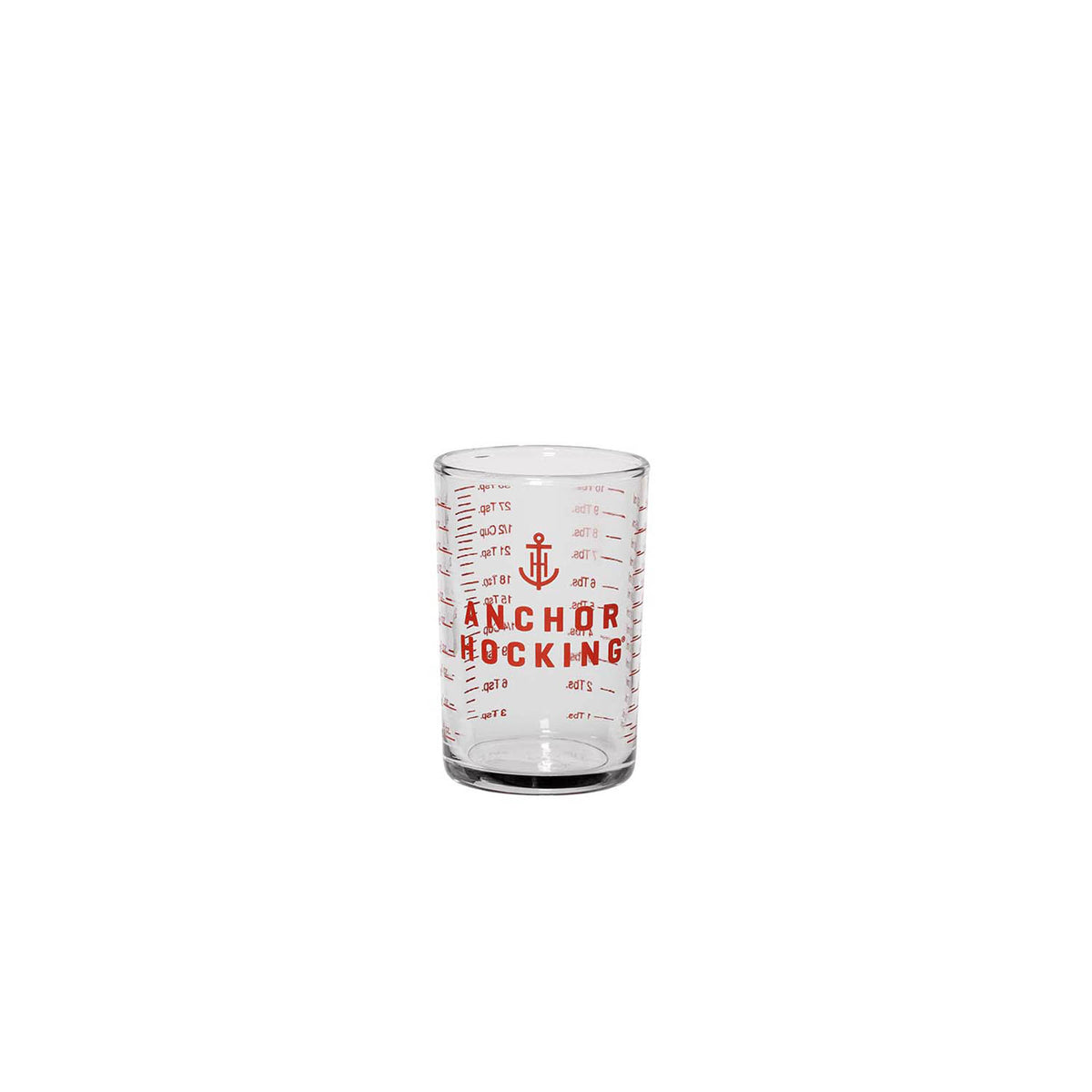 Clear 150 ml glass measuring container by ANCHOR HOCKING, showing measurement markings and transparent design.