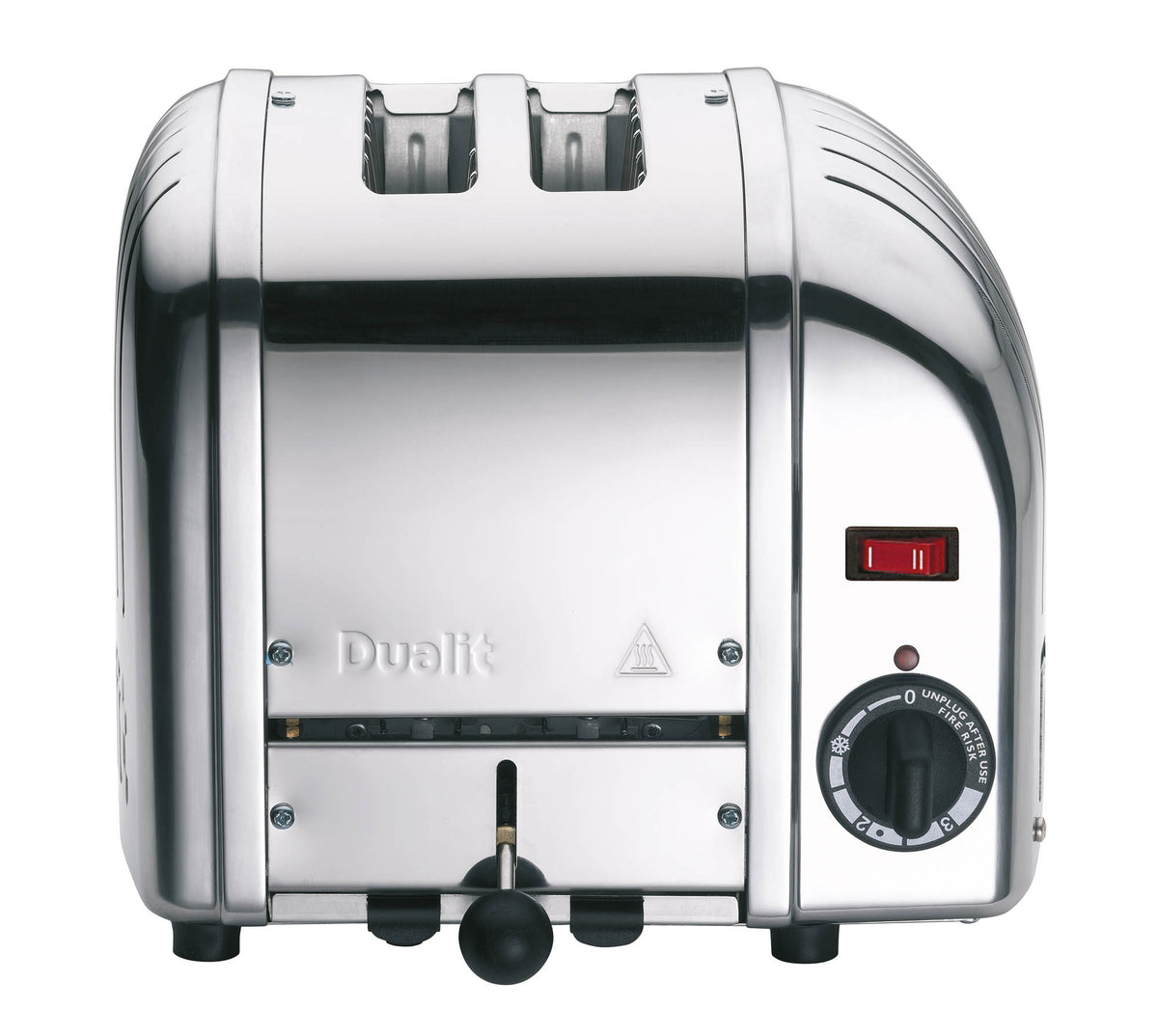 Polished DUALIT Vario toaster with two slots for bread, featuring a sleek design and modern controls.