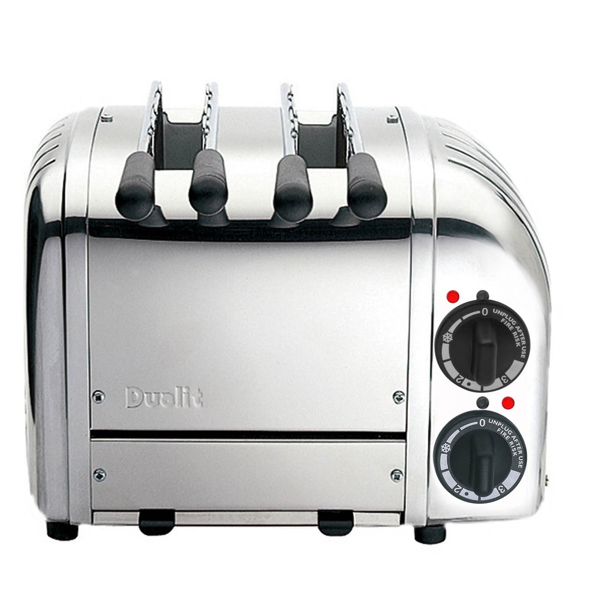 Dualit Classic stainless steel toaster with two slots for bread, featuring a sleek design and adjustable browning control.