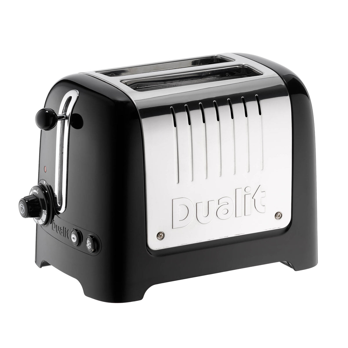 Dualit Lite 2-slice toaster with stainless steel finish, showcasing bread slots and control lever.