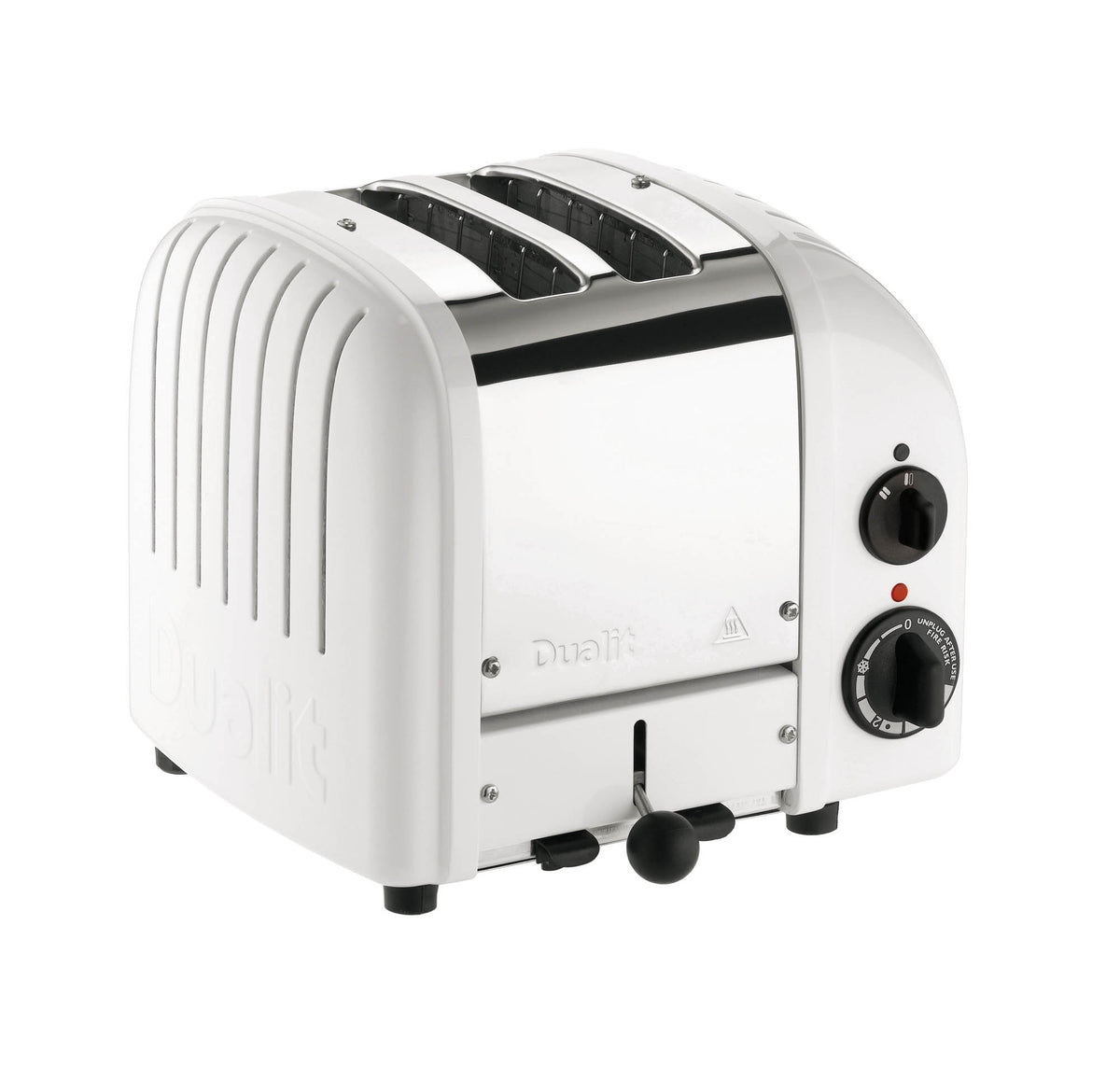 Dualit Newgen white 2-slice toaster with sleek design and control dials, ideal for toasting bread and bagels.