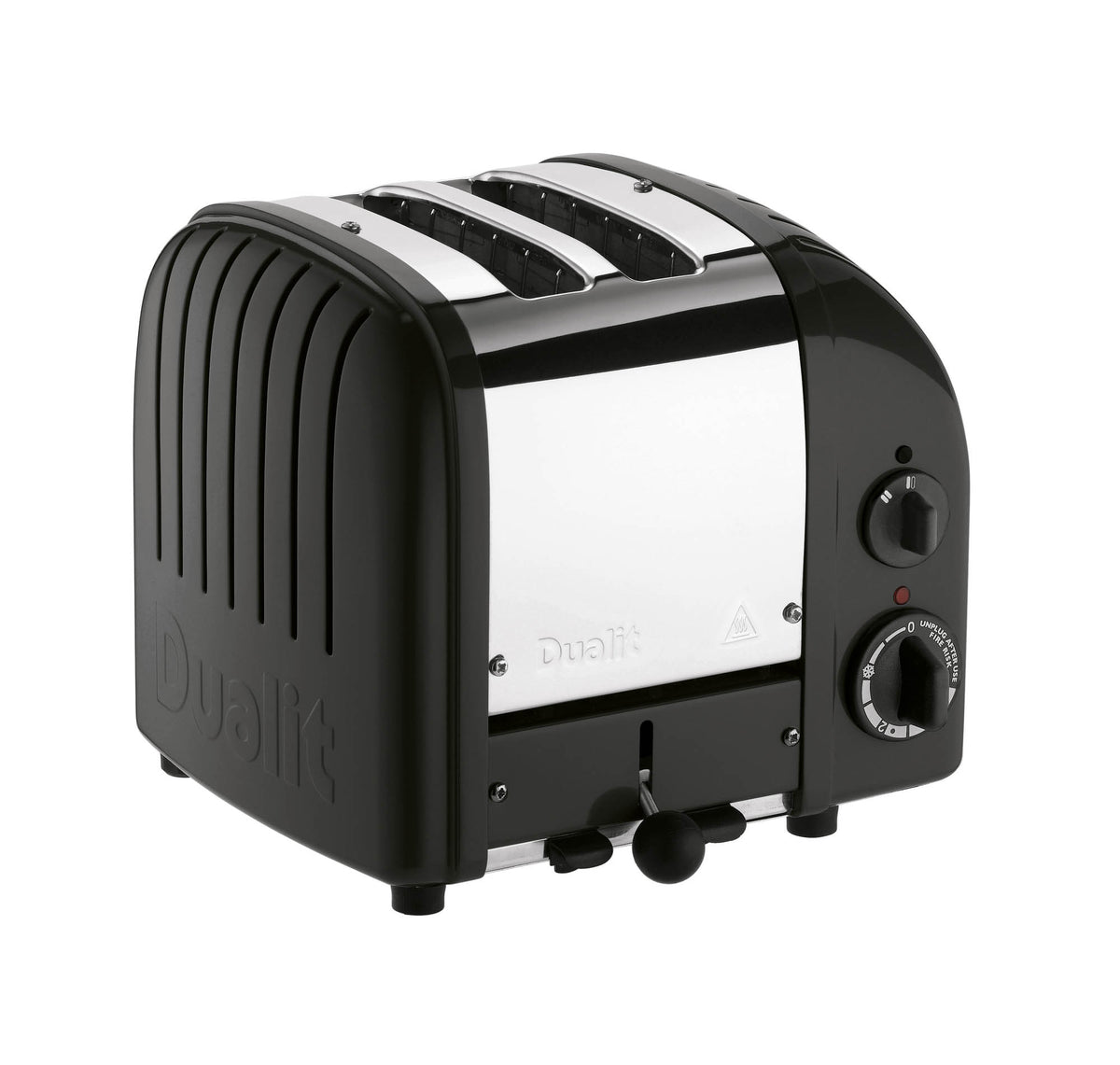 Dualit Newgen black 2-slice toaster with modern design and control dials, showcasing evenly toasted bread slices.