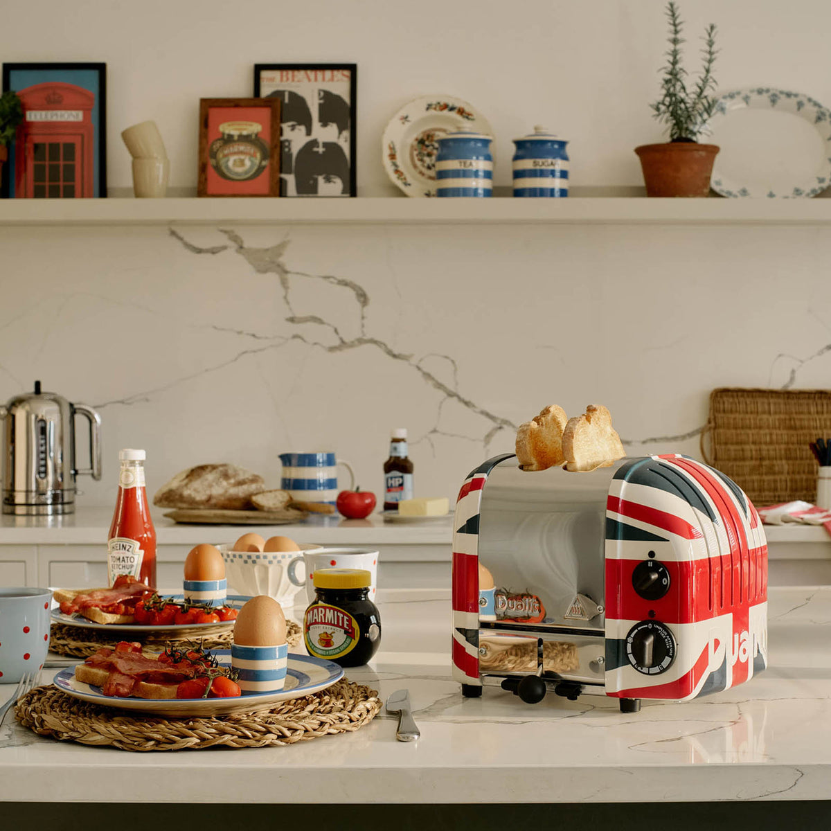 Dualit Newgen Union Jack toaster with two slots, classic design and chrome finish for toasting bread slices.