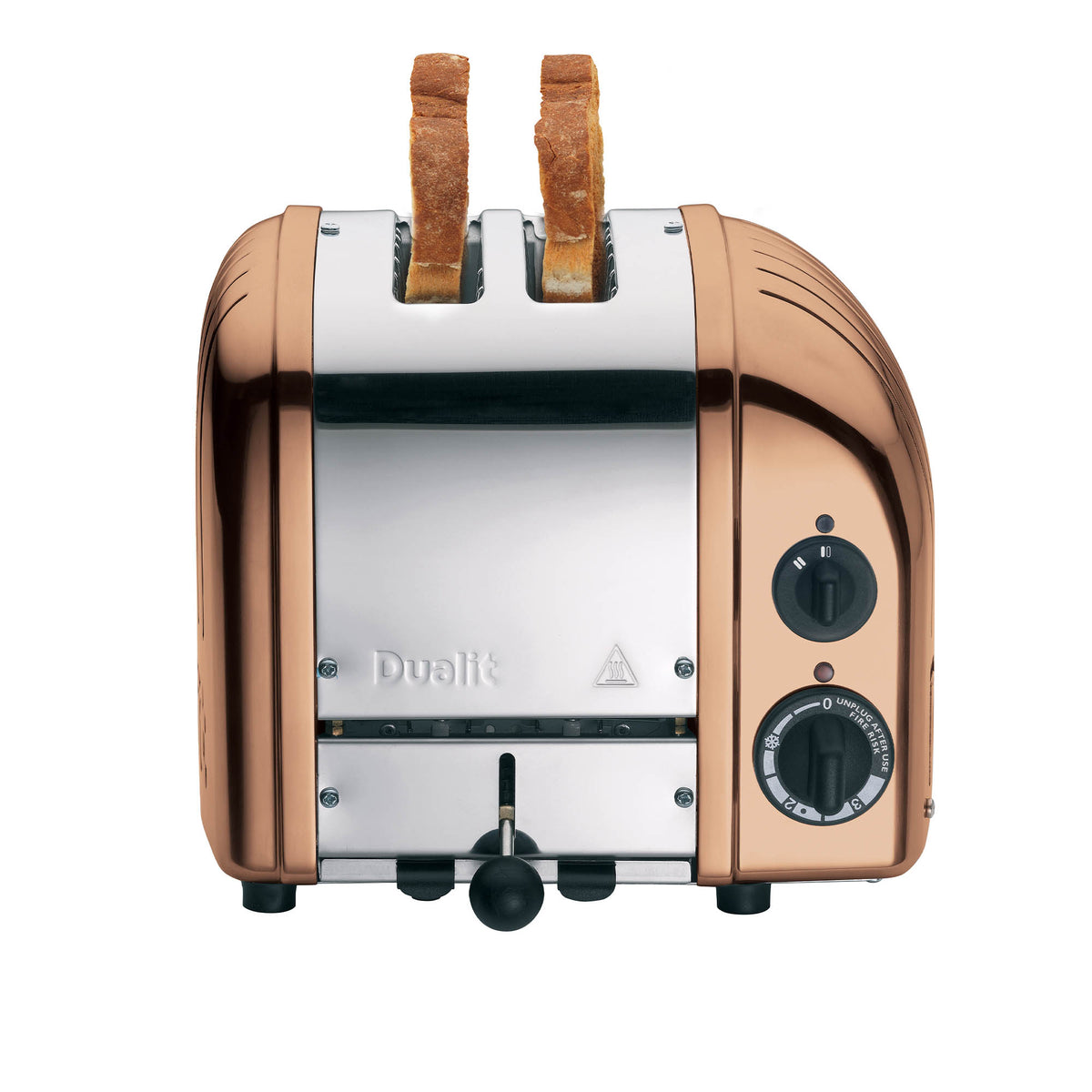 Dualit Newgen polished 2-slice toaster with sleek design, featuring control knobs and slots for toasting bread slices.