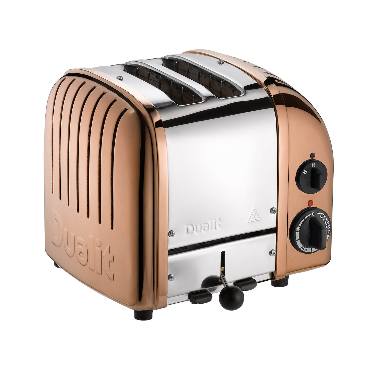 Polished DUALIT NewGen 2-slice toaster with modern design, featuring two slots for toasting bread and bagels.