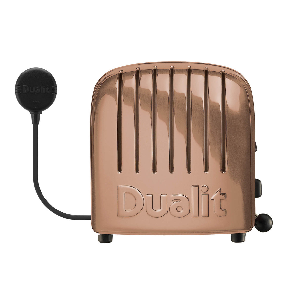 Dualit Newgen copper 2-slice toaster with stainless steel finish, featuring modern design and browning control.