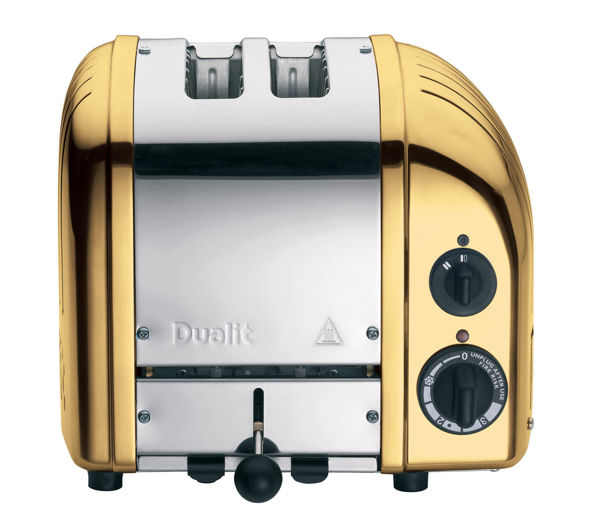 Dualit NewGen toaster with metal finish, 2-slot design, featuring controls and slots for toasting bread slices.