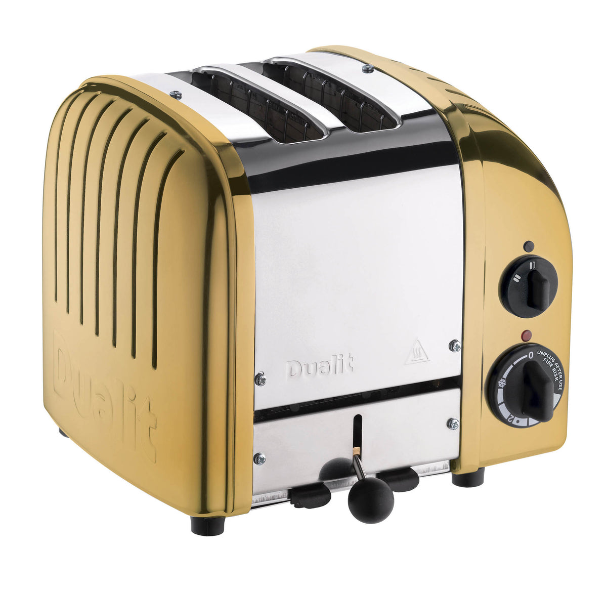 Dualit Newgen toaster with metal finish and two slots for toasting bread slices, modern kitchen appliance.