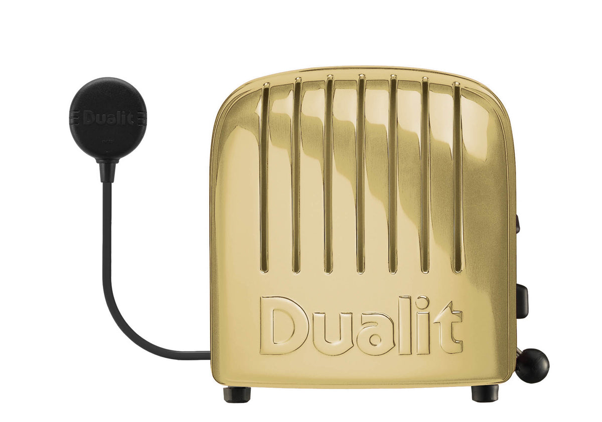 Dualit NewGen toaster with a sleek design, 2-slice capacity, featuring a metallic finish and modern controls.