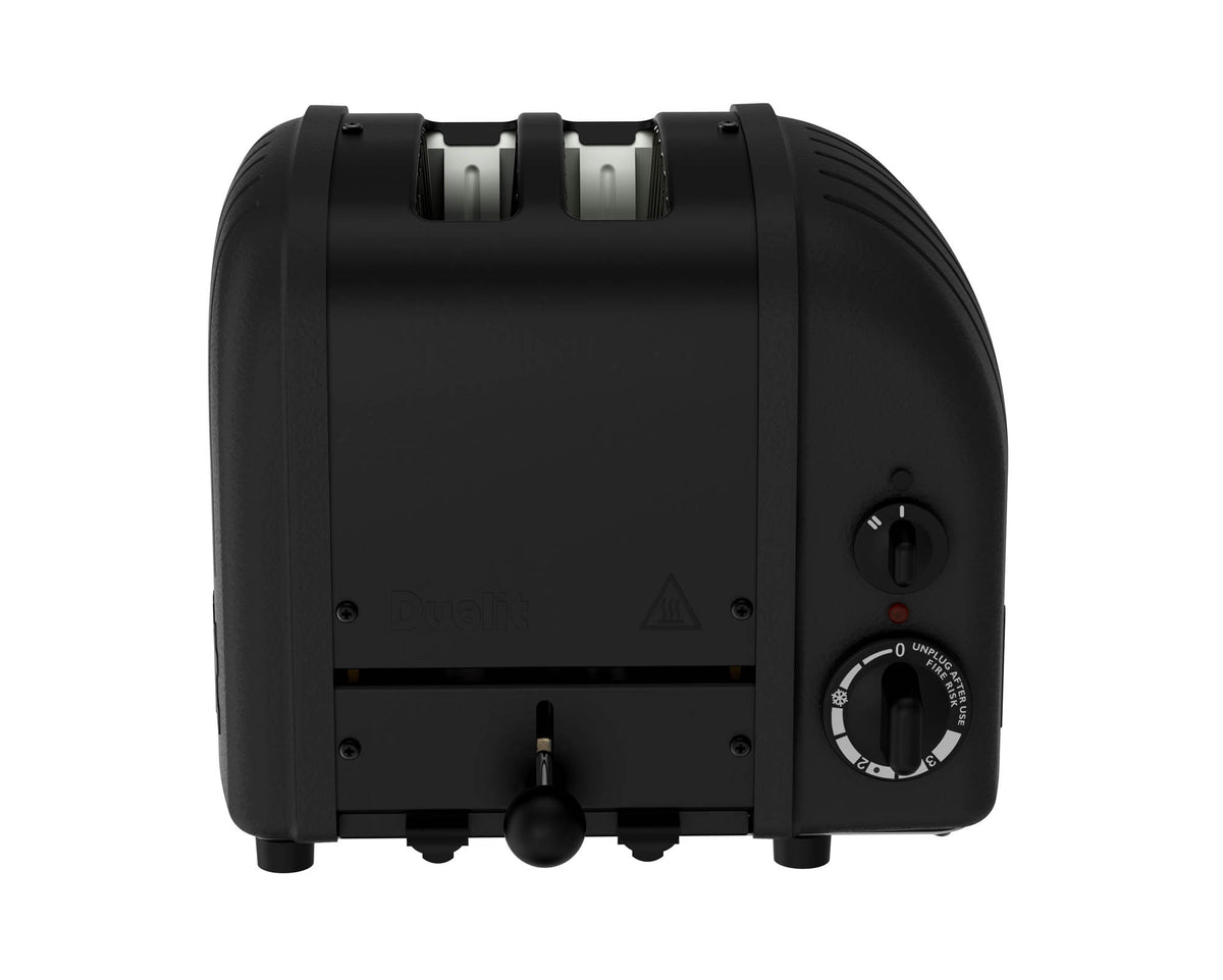 Dualit Newgen black 2-slice toaster with sleek design and control buttons, perfect for crispy toast.