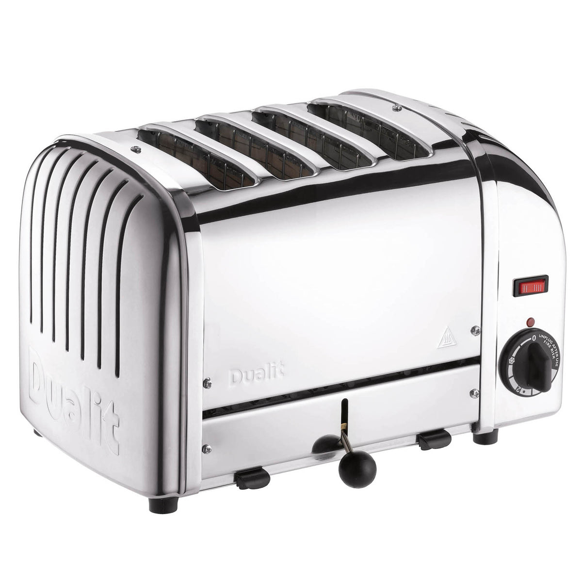 Polished DUALIT VARIO 4-slice toaster with modern design, shown in a close-up view of the appliance with toast slots visible.