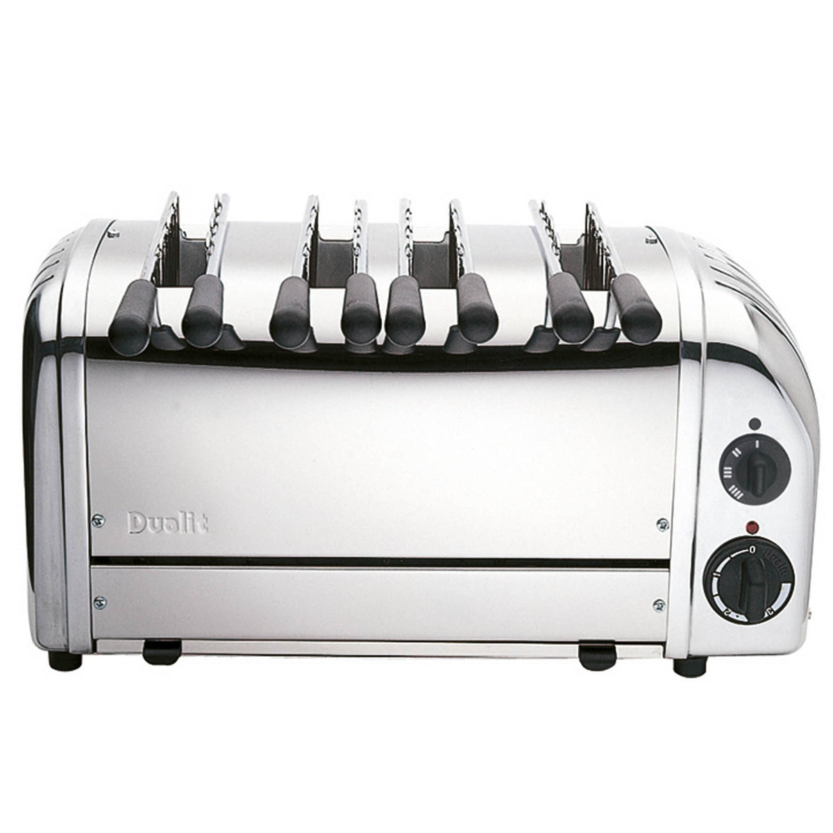 Dualit classic stainless steel toaster with six slots, featuring modern design and multiple browning settings.