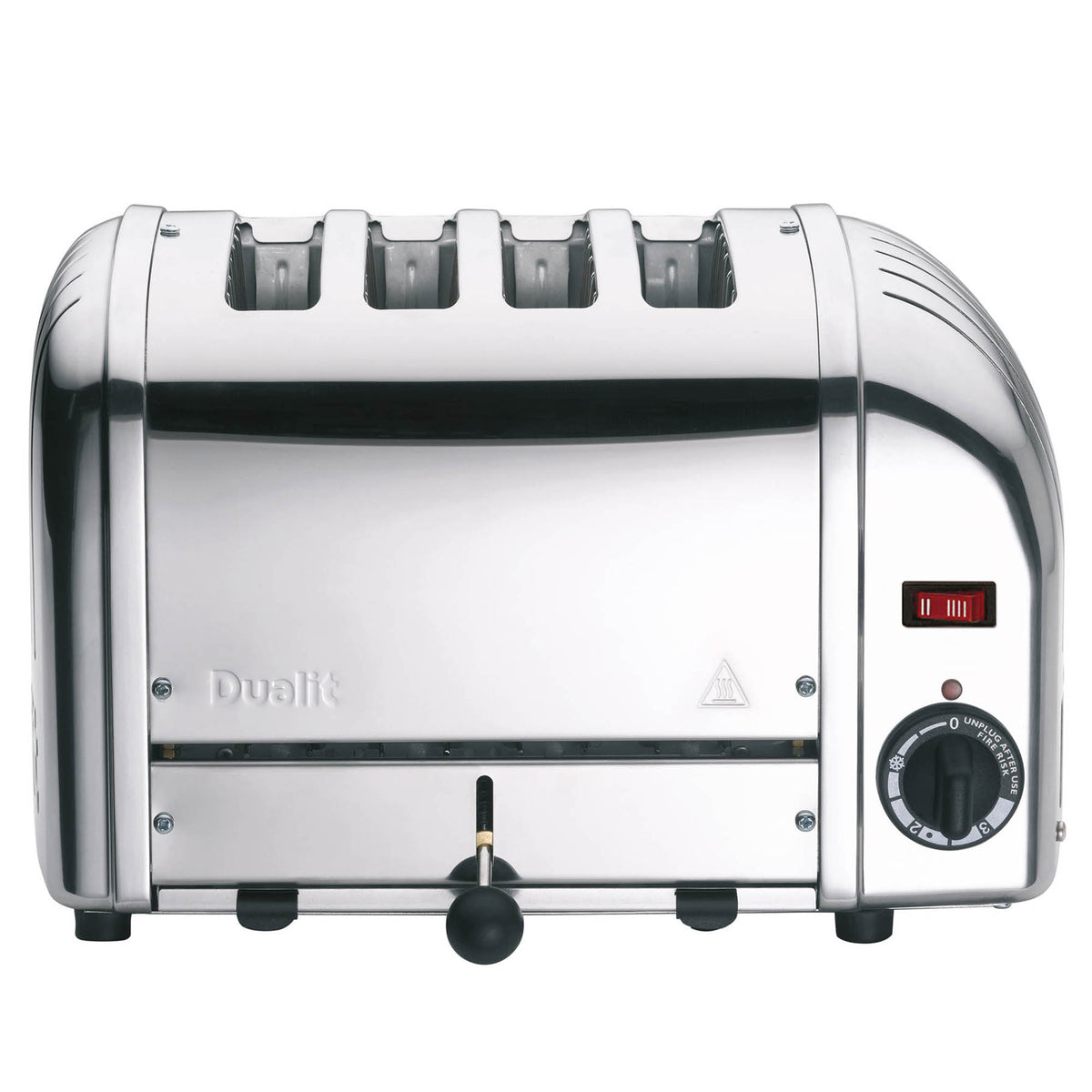 Dualit Classic stainless steel 4-slice toaster with modern design and control dials, ideal for toasting bread and bagels.
