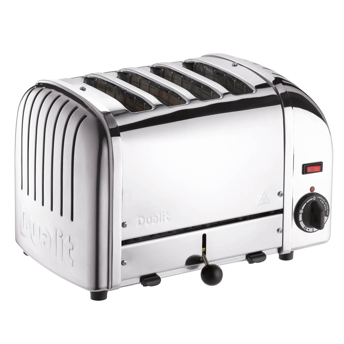 Dualit Classic stainless steel 4-slice toaster with modern design and control knobs, perfect for quick and even toasting.
