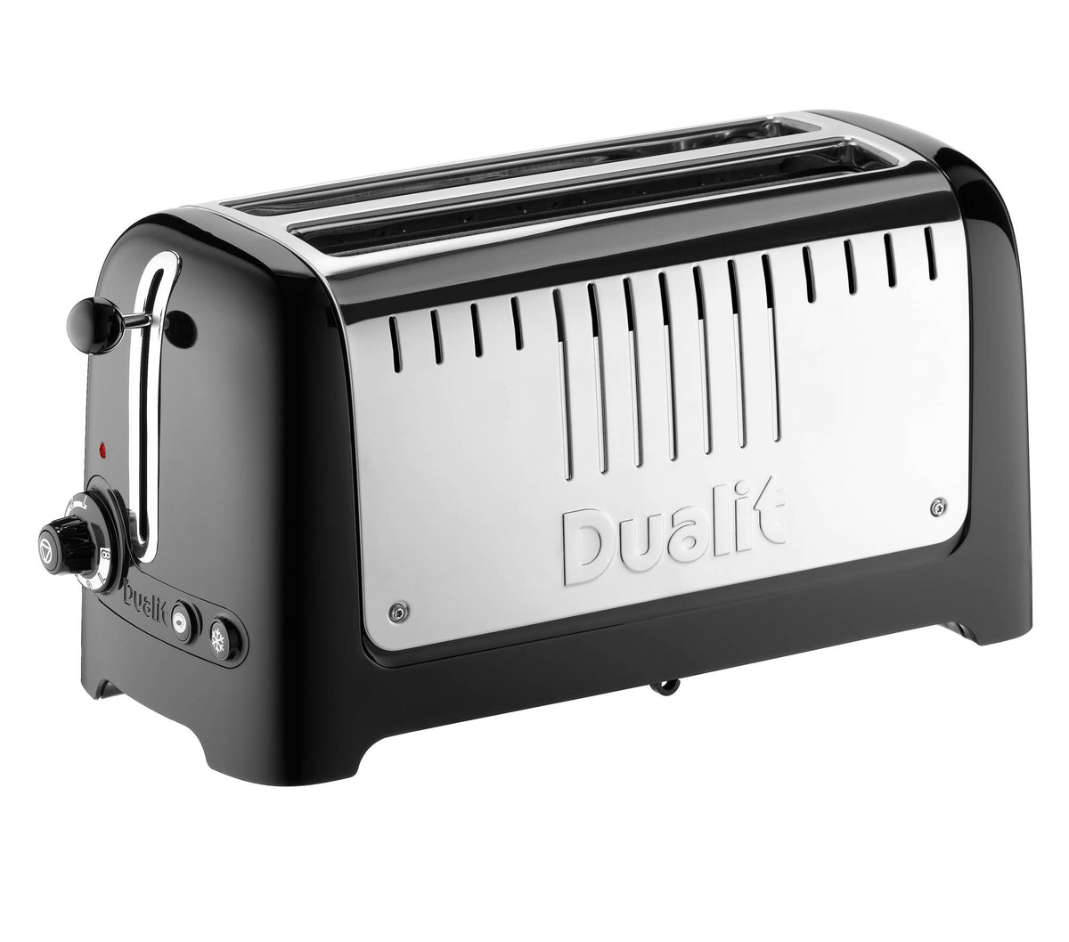Dualit Lite black 4-slice toaster with modern design, featuring adjustable browning control and wide slots for various bread types.