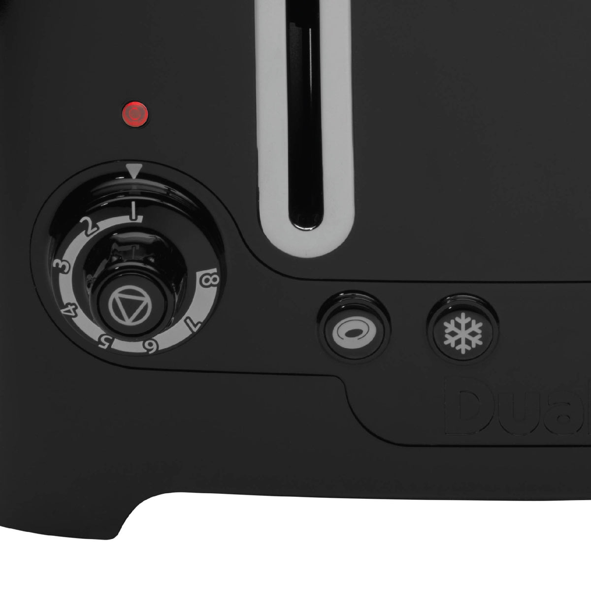 Dualit 2+1 Combi Toaster in black with two slots, featuring a sleek design and multiple browning settings.