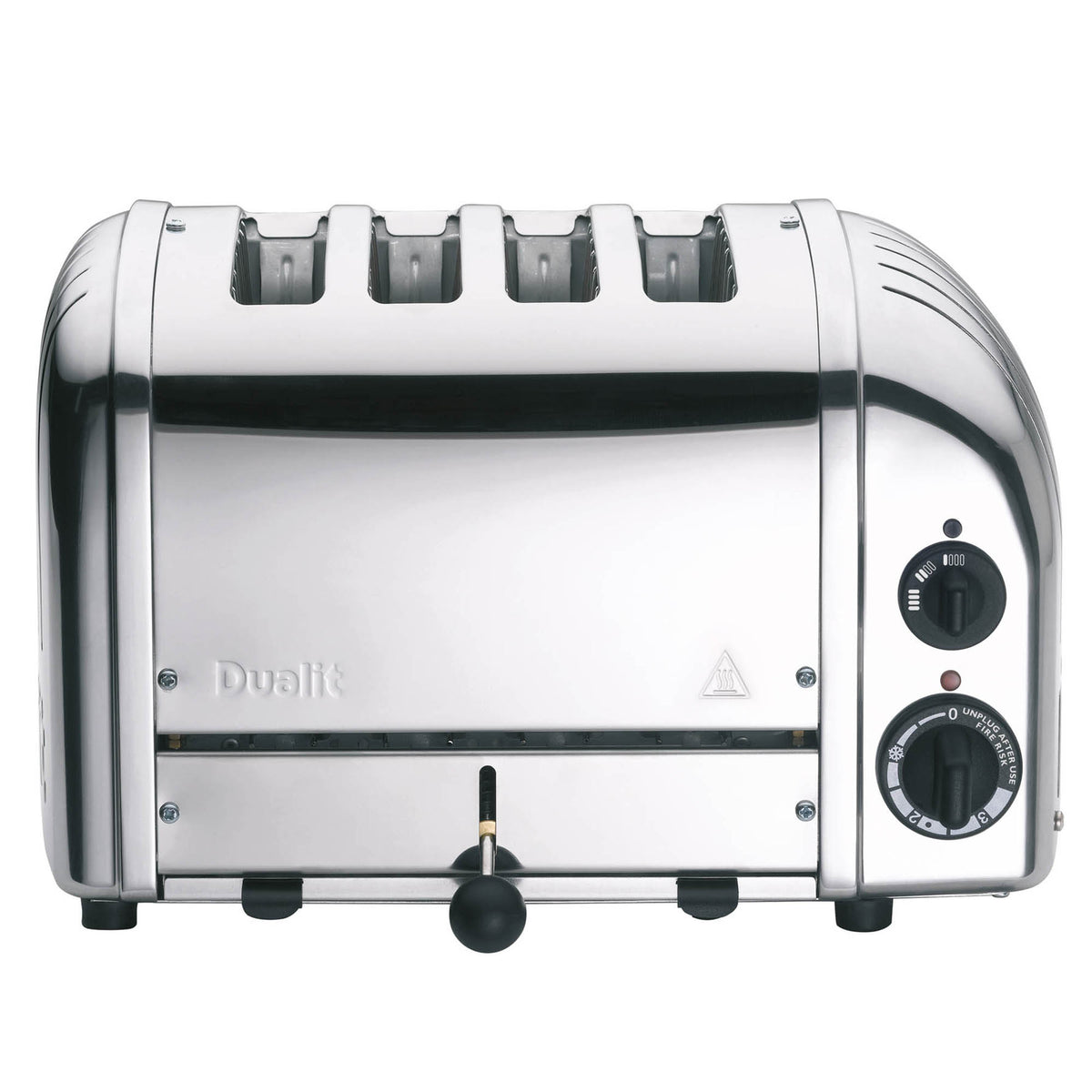 Dualit NewGen polished 4-slice toaster with modern design and control levers, showcasing its sleek appearance.