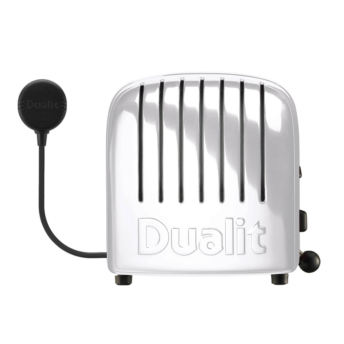 Dualit Newgen white 4-slice toaster with modern design and control knobs, perfect for toasting bread and bagels.