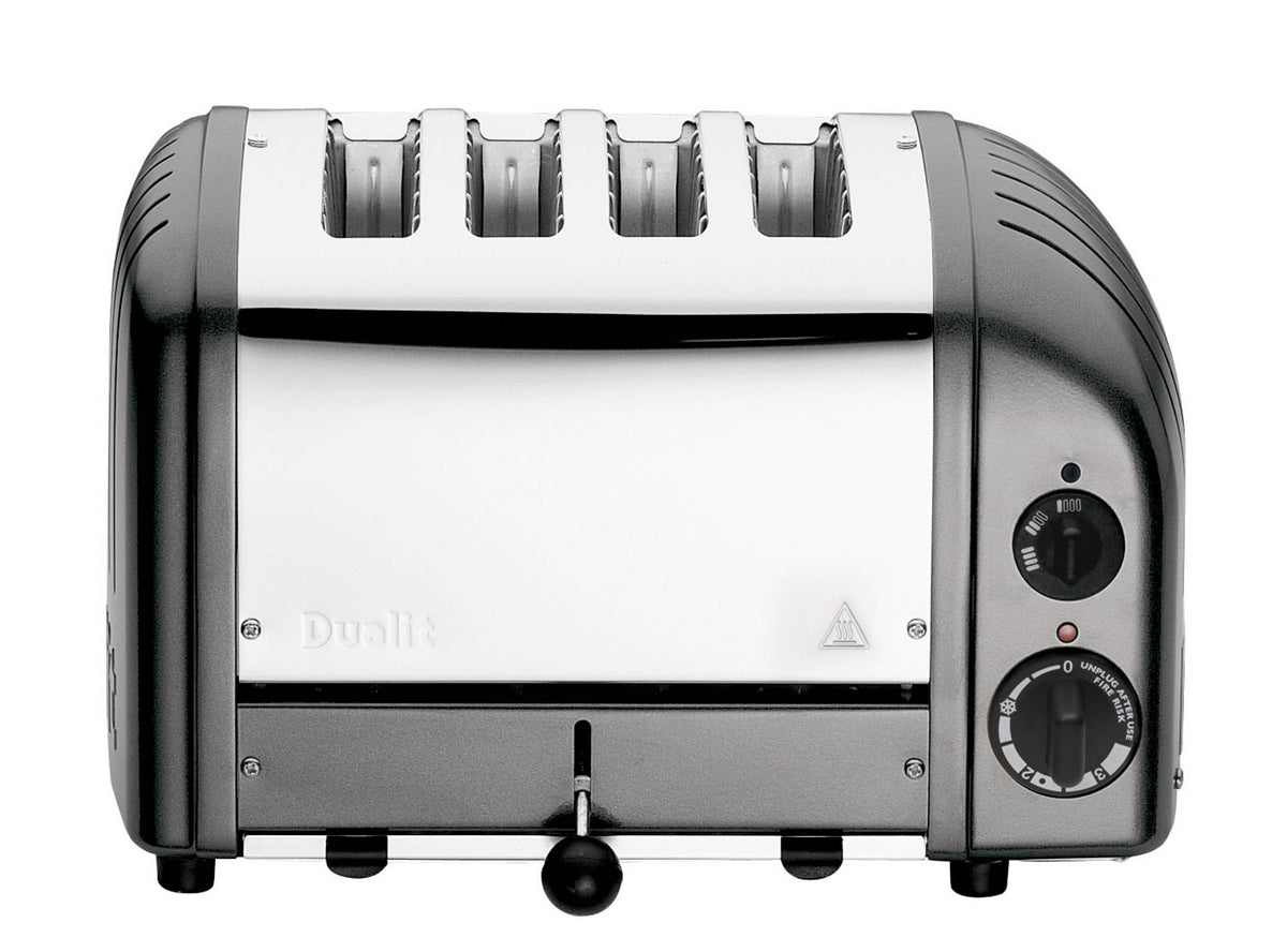Dualit NewGen gray metallic 4-slice toaster with sleek design and modern finish, perfect for quick, even toasting.