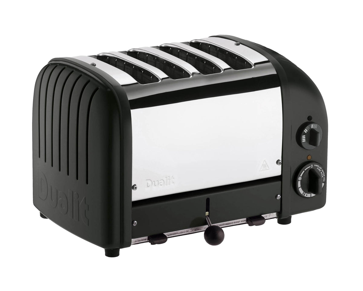 Dualit Newgen black 4-slice toaster with modern design, featuring control knobs and slots for toasting bread efficiently.