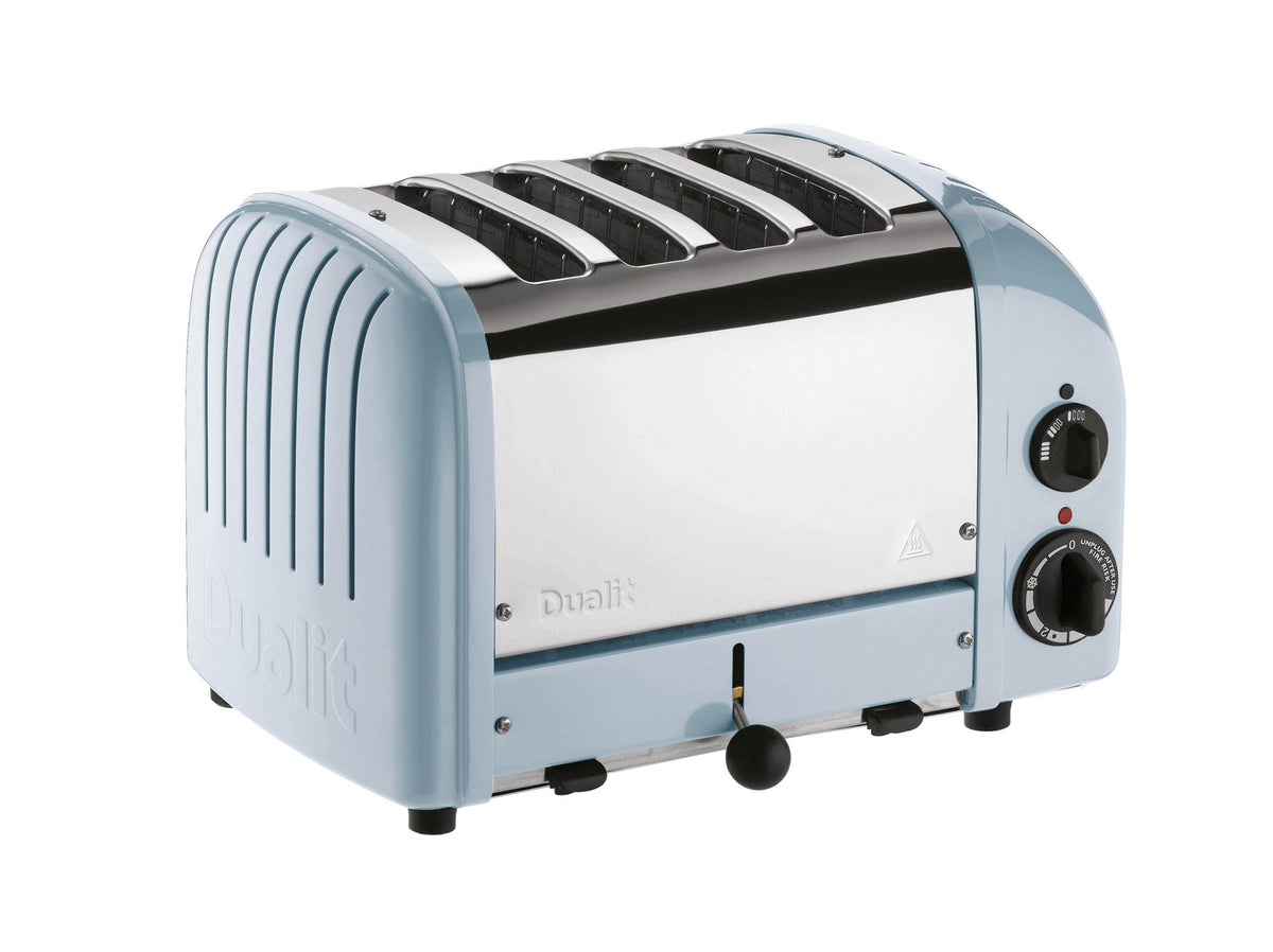 Dualit Newgen blue 4-slice toaster with modern design and control dials, ready for toasting bread and bagels.