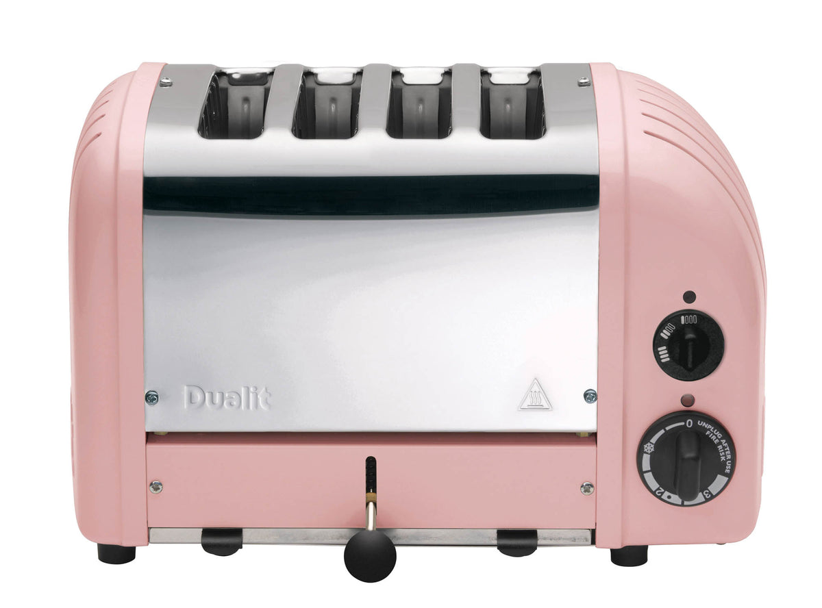 Dualit Newgen pink 4-slice toaster with sleek design and control dials, perfect for quick and even toasting.
