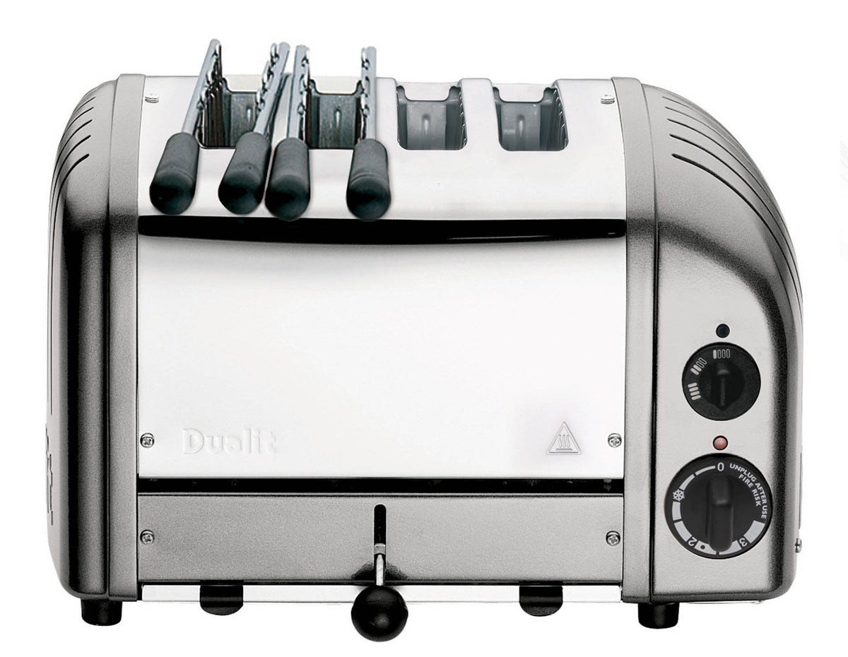 Dualit Newgen silver metallic 4-slice toaster with modern design and control dials, perfect for toasting bread and bagels.